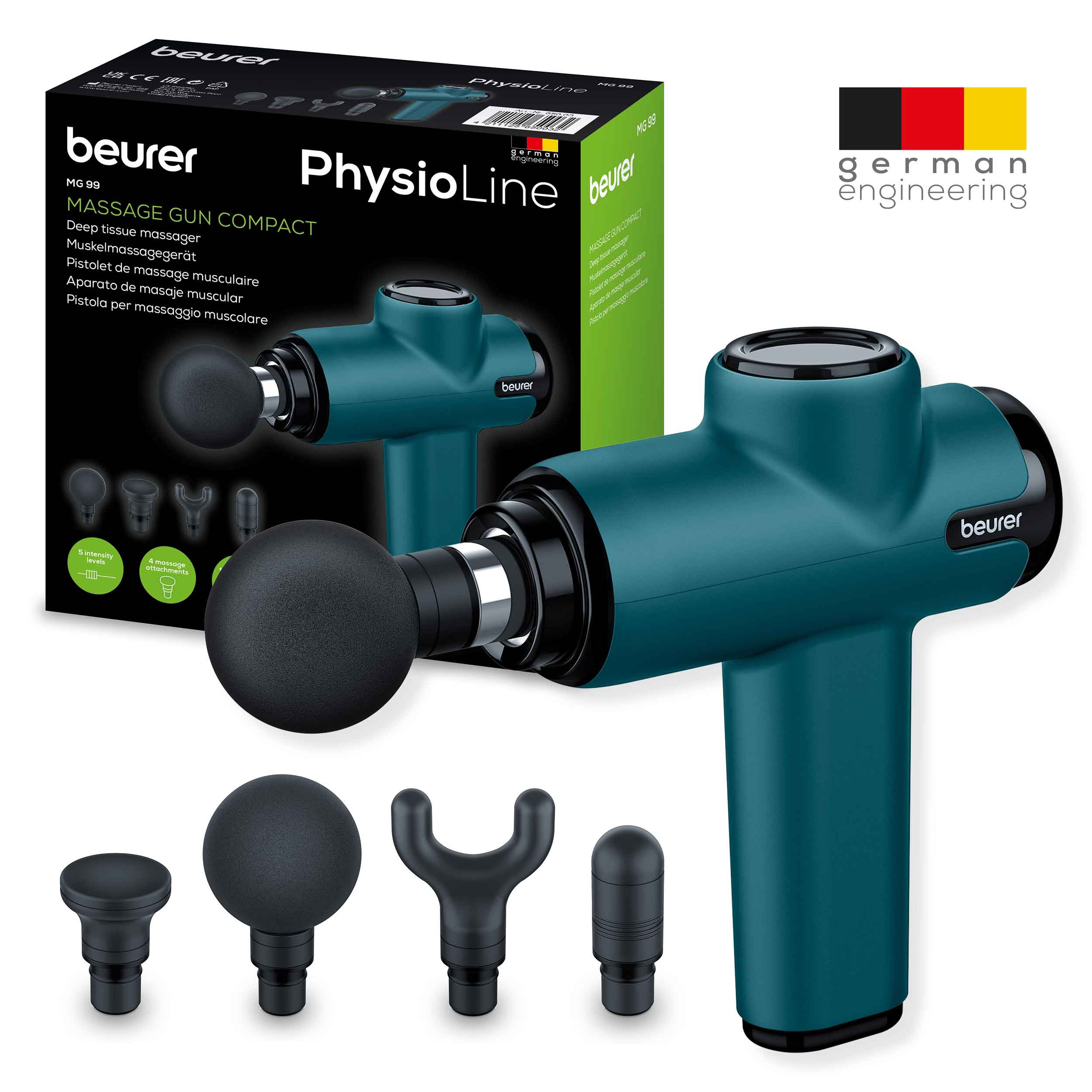 Een blauwgroen massagepistool met verschillende massagekoppen en de verpakking ervan worden op wit weergegeven.