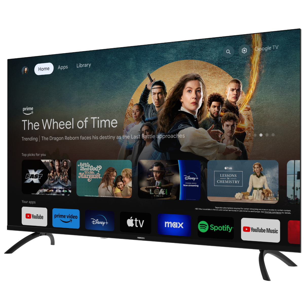 Een Google TV-scherm met 'The Wheel of Time' en andere apps zoals YouTube en Disney+.
