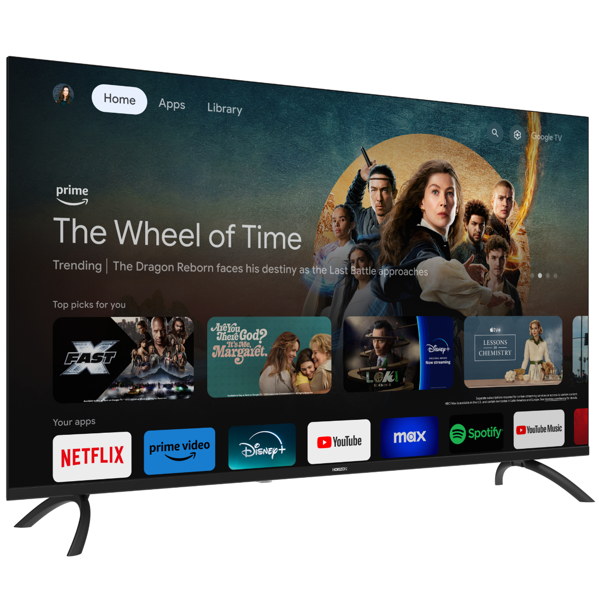 Zwarte tv op standaard, met een streaming app interface met filmtegels. Het scherm toont de show The Wheel of Time.