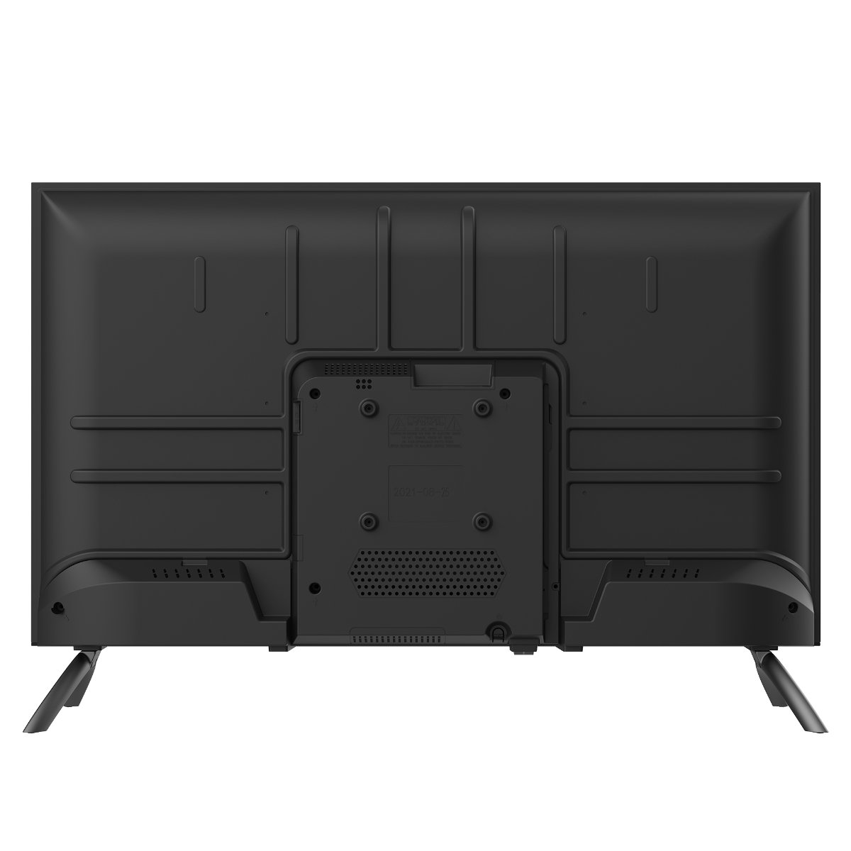 De achterkant van een zwarte flatscreen-tv op poten.