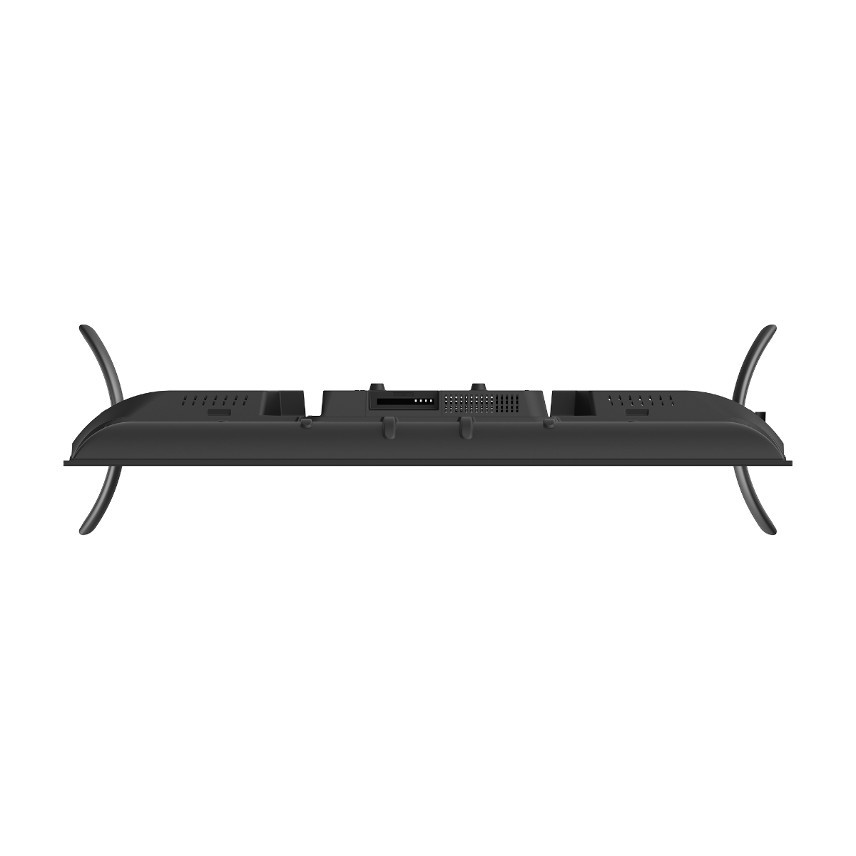 Zwarte tv, achteraanzicht. Poorten en montagehardware zichtbaar. Twee gebogen poten.
