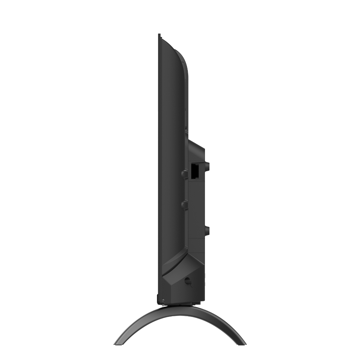 Een zwarte tv op een gebogen voet, zijaanzicht, toont het slanke ontwerp.
