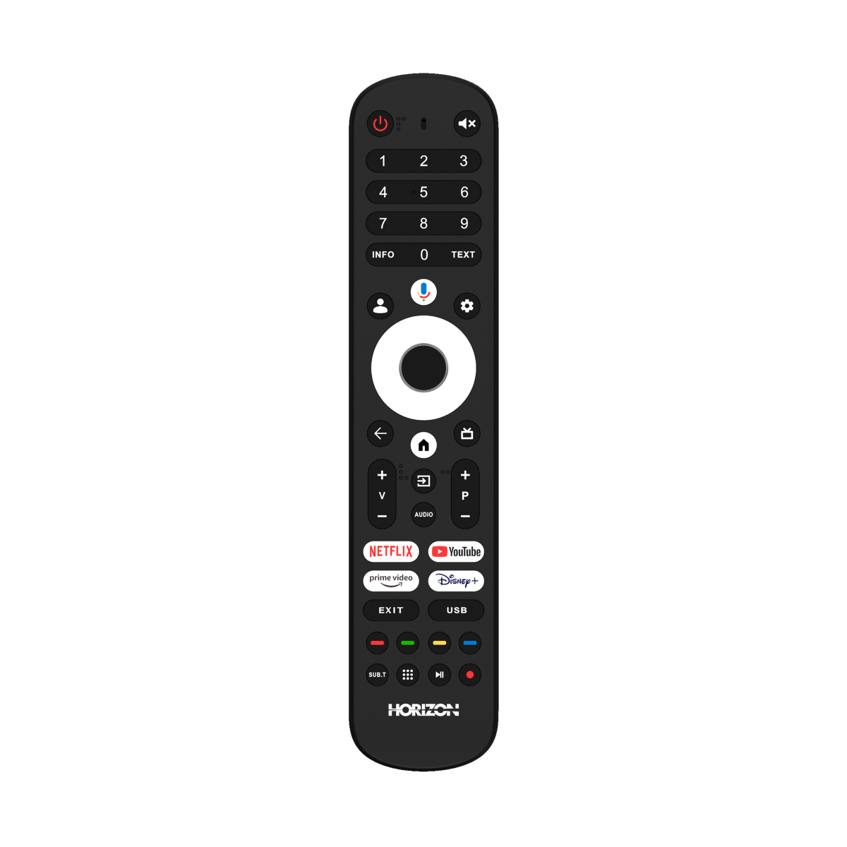 Een zwarte afstandsbediening met veel knoppen, waaronder een centrale navigatiecirkel en streaming service toetsen.