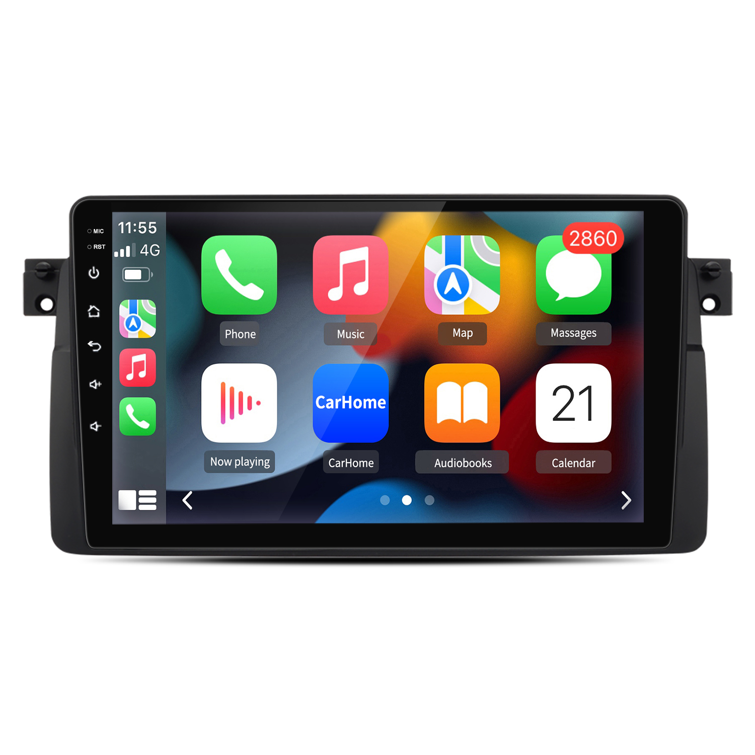 Auto-Stereo-Bildschirm, der Navigations-Apps und andere Telefonfunktionen auf schwarzem Hintergrund zeigt.