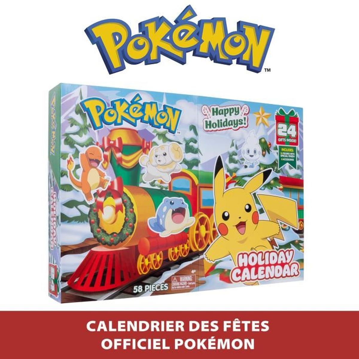 Pokémon-Feiertagskalender-Box mit Pikachu und anderen Charakteren auf einem Zug. Text auf der Box enthält 'Schöne Ferien!'