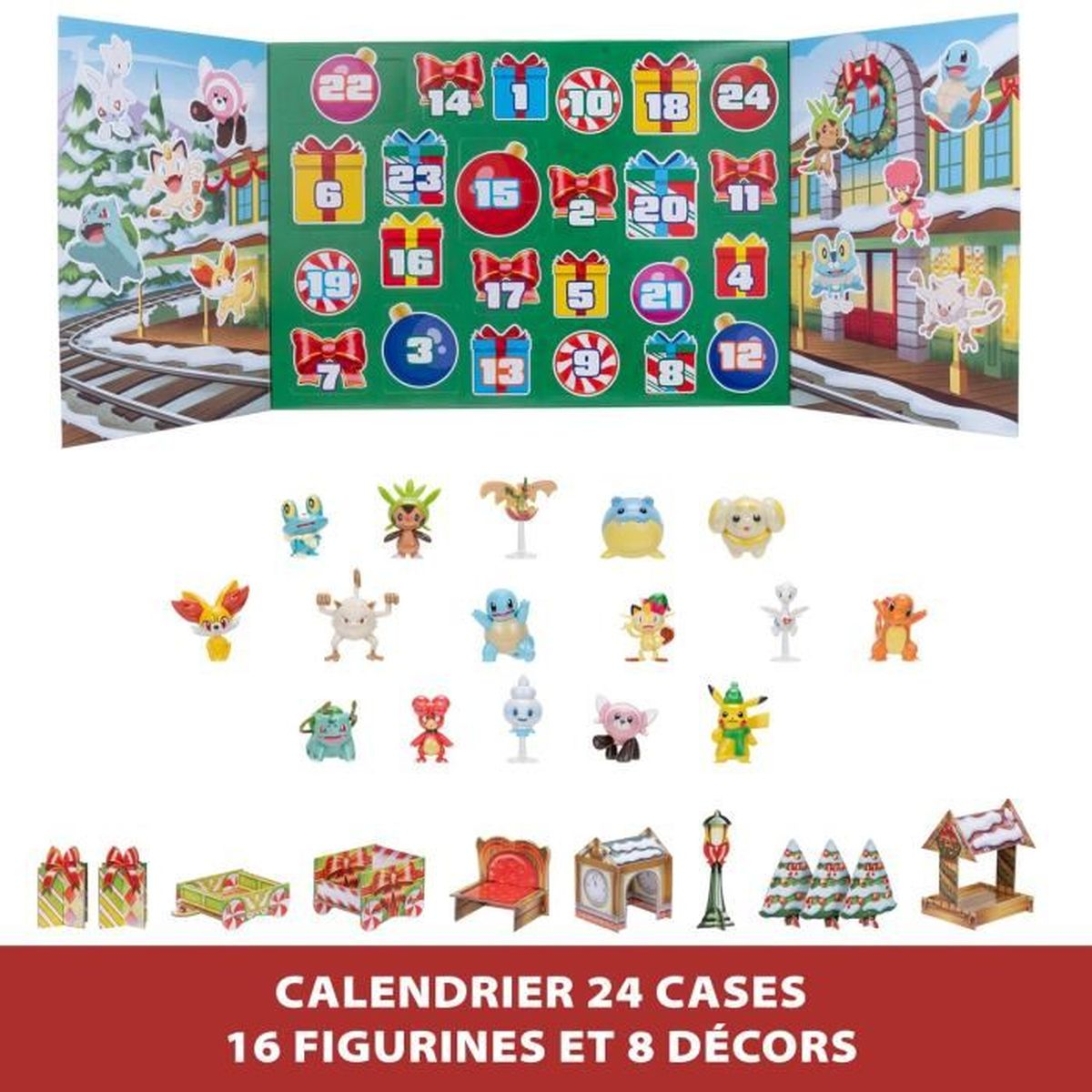 Adventskalender mit Pokémon-Figuren und Dekorationen. 24 nummerierte Fenster und Figuren werden gezeigt.