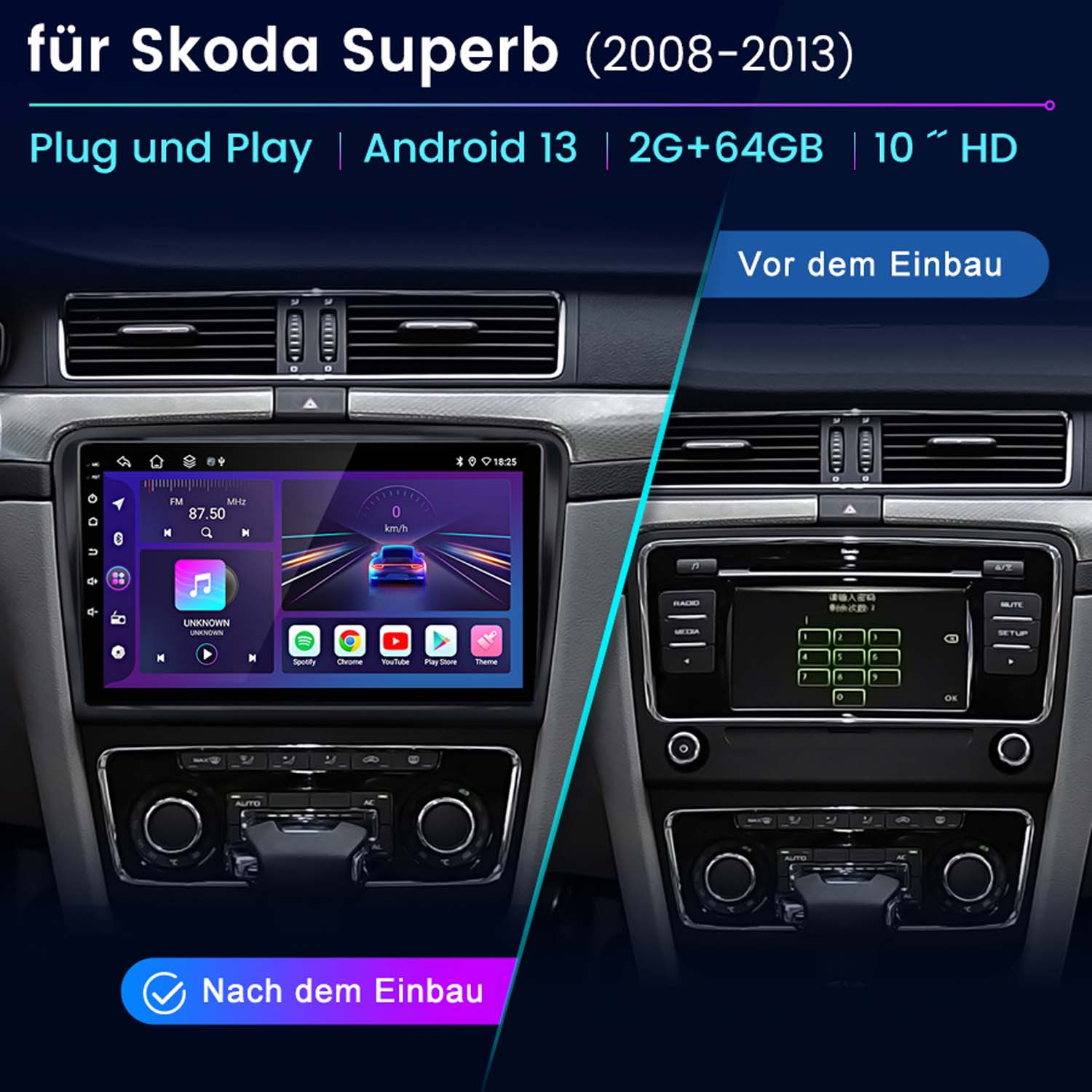 Deska rozdzielcza samochodu przed i po instalacji nowego systemu Android 13.