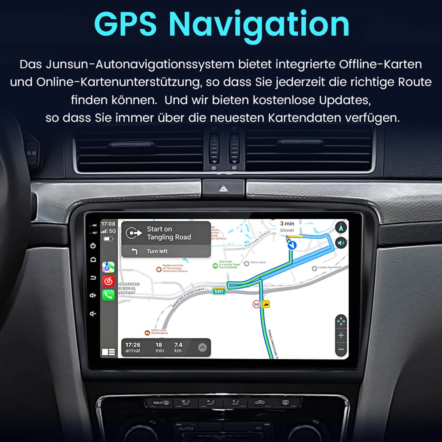 Deska rozdzielcza samochodu z ekranem nawigacji GPS pokazującym trasę i mapę. Wyświetlane są szczegóły czasu i odległości.