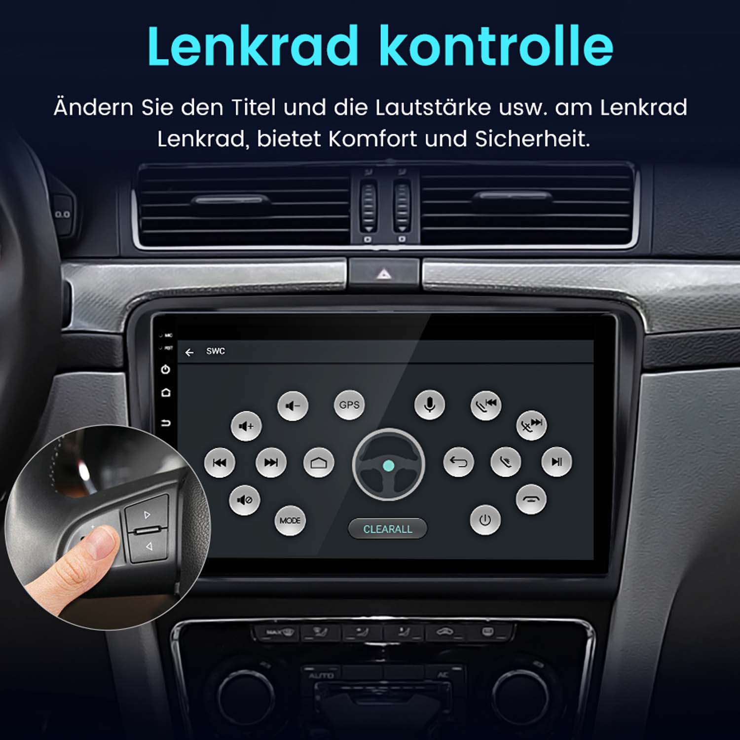 Ekran infotainment w samochodzie z przyciskami sterowania, ręka na kierownicy. Tekst: Lenkrad kontrolle.
