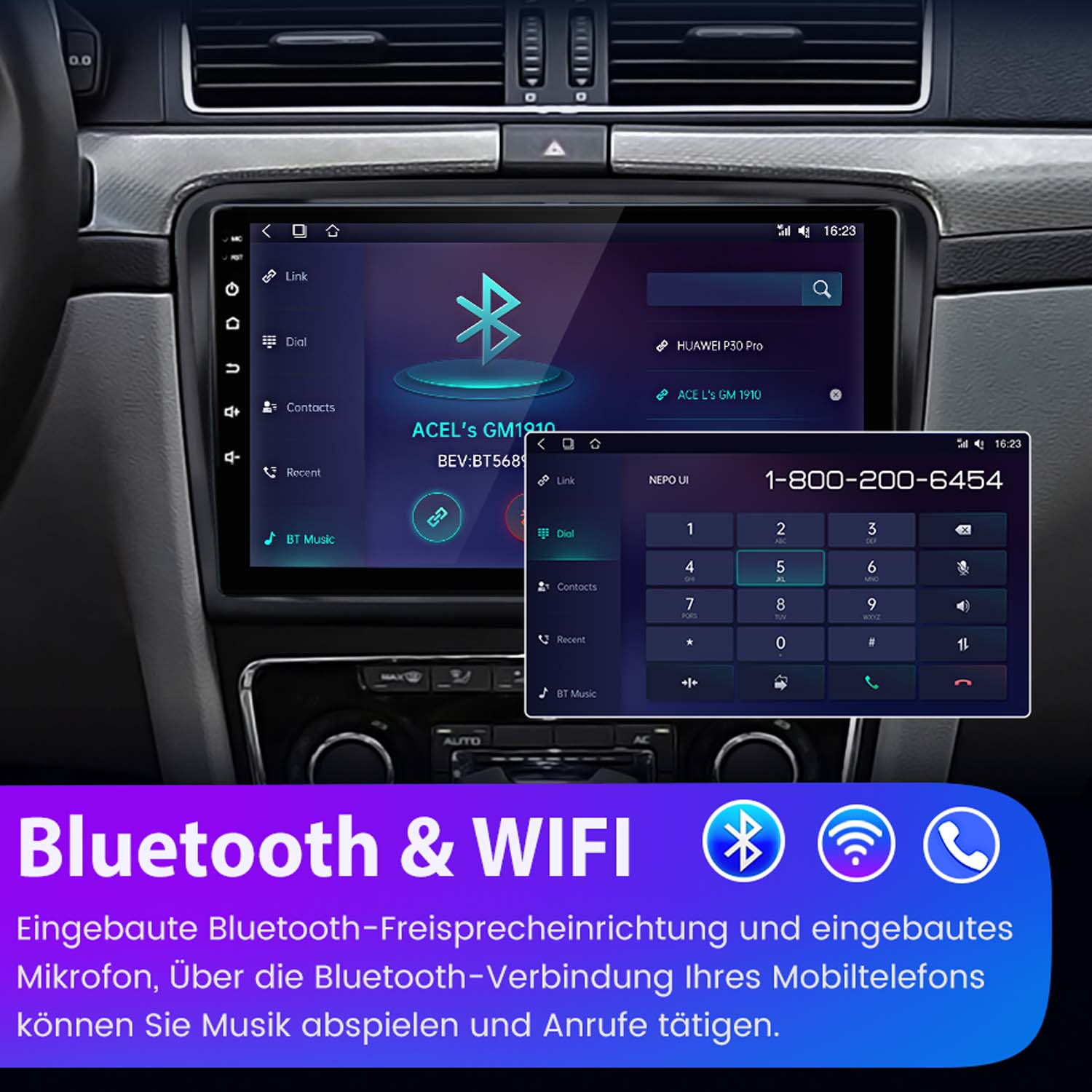 Deska rozdzielcza samochodu z ekranem wyświetlającym telefon i interfejs Bluetooth.