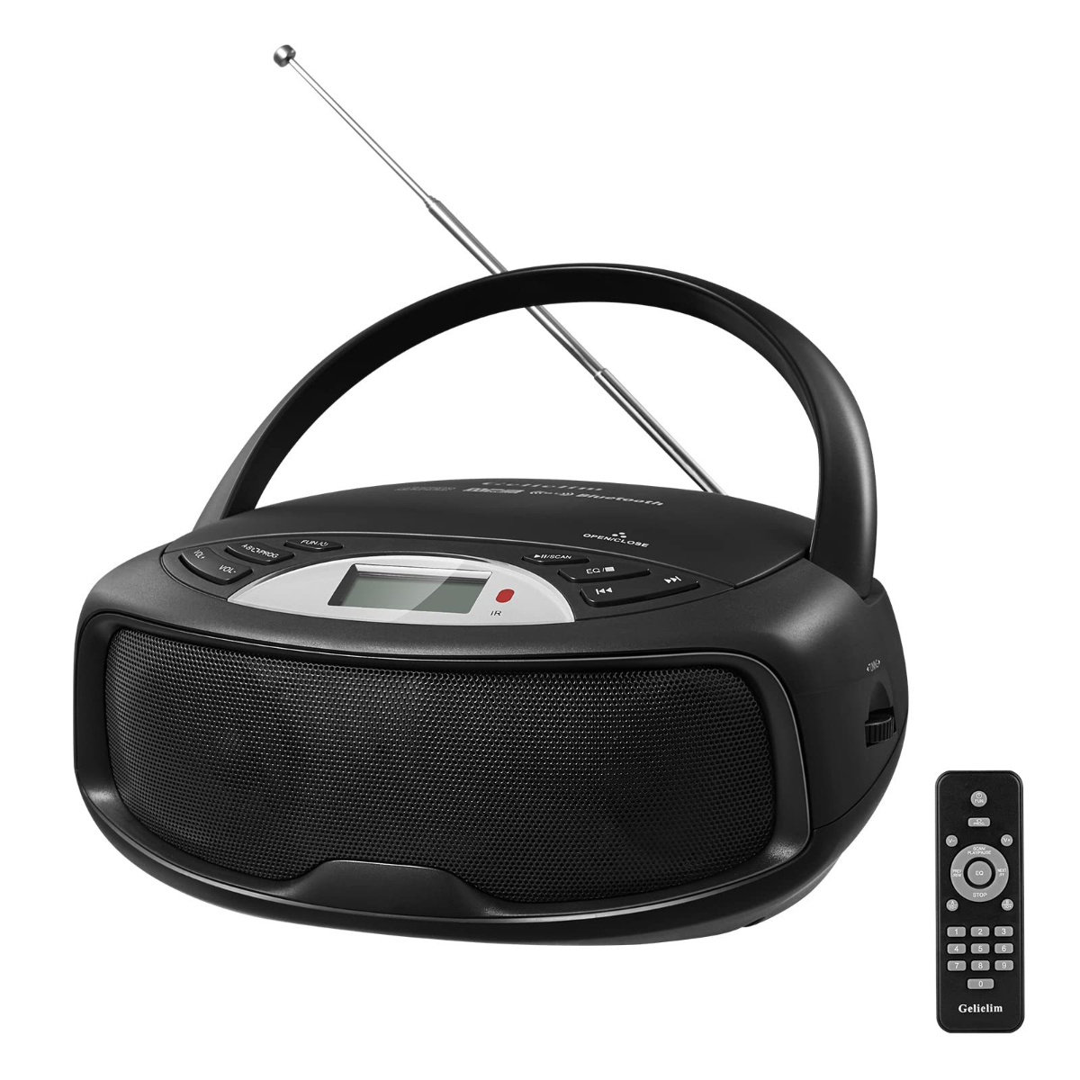 Schwarzer tragbarer CD-Player mit Griff und Fernbedienung.