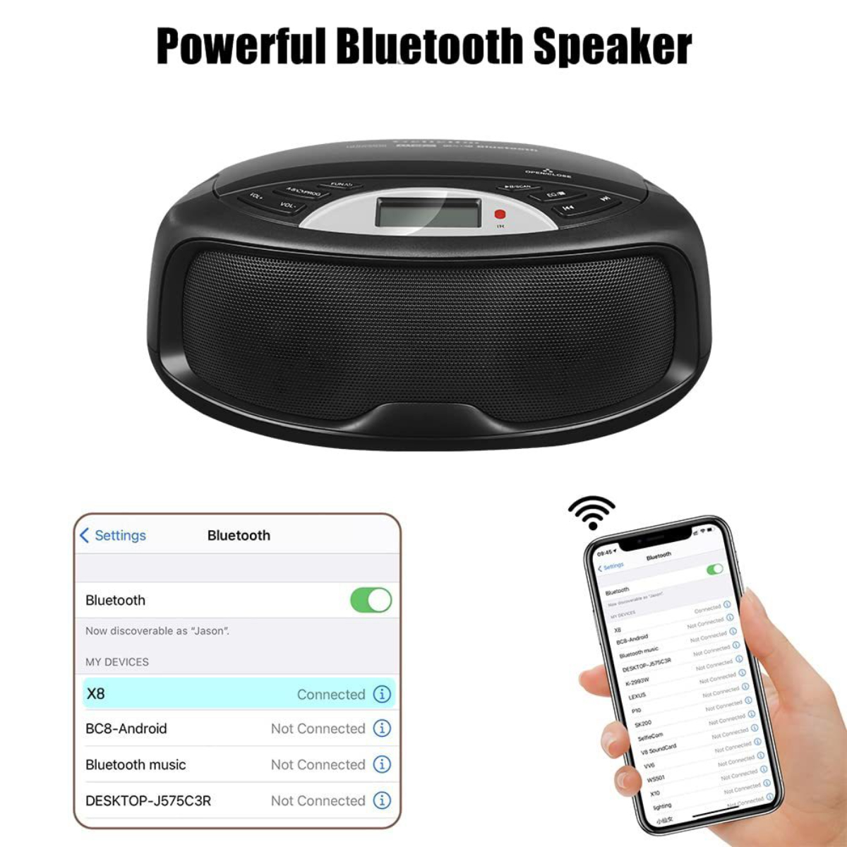 Ein schwarzer Bluetooth-Lautsprecher mit einem Telefon, das verbundene Bluetooth-Geräte anzeigt.
