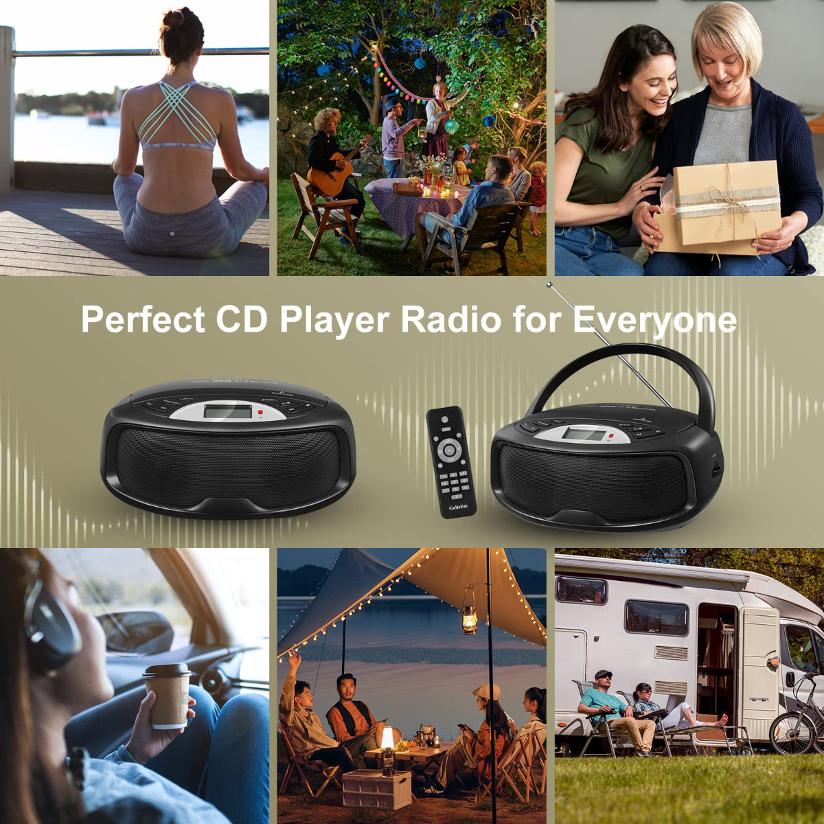 Eine Sammlung von Bildern mit einem Radio und Menschen, die Musik und Aktivitäten genießen.