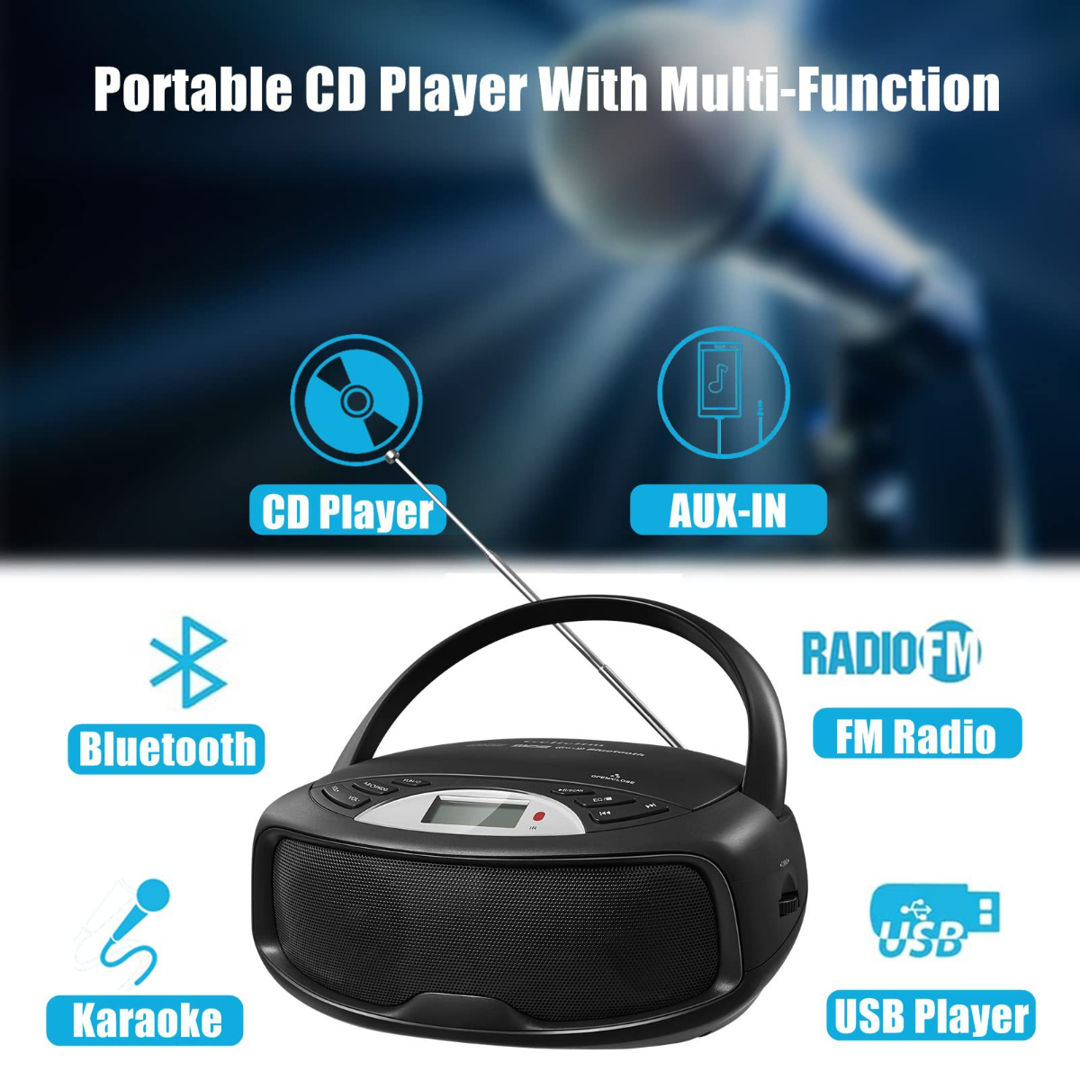 Schwarzer tragbarer CD-Player mit Griff, Bluetooth, UKW-Radio, USB und Karaoke-Funktionen.