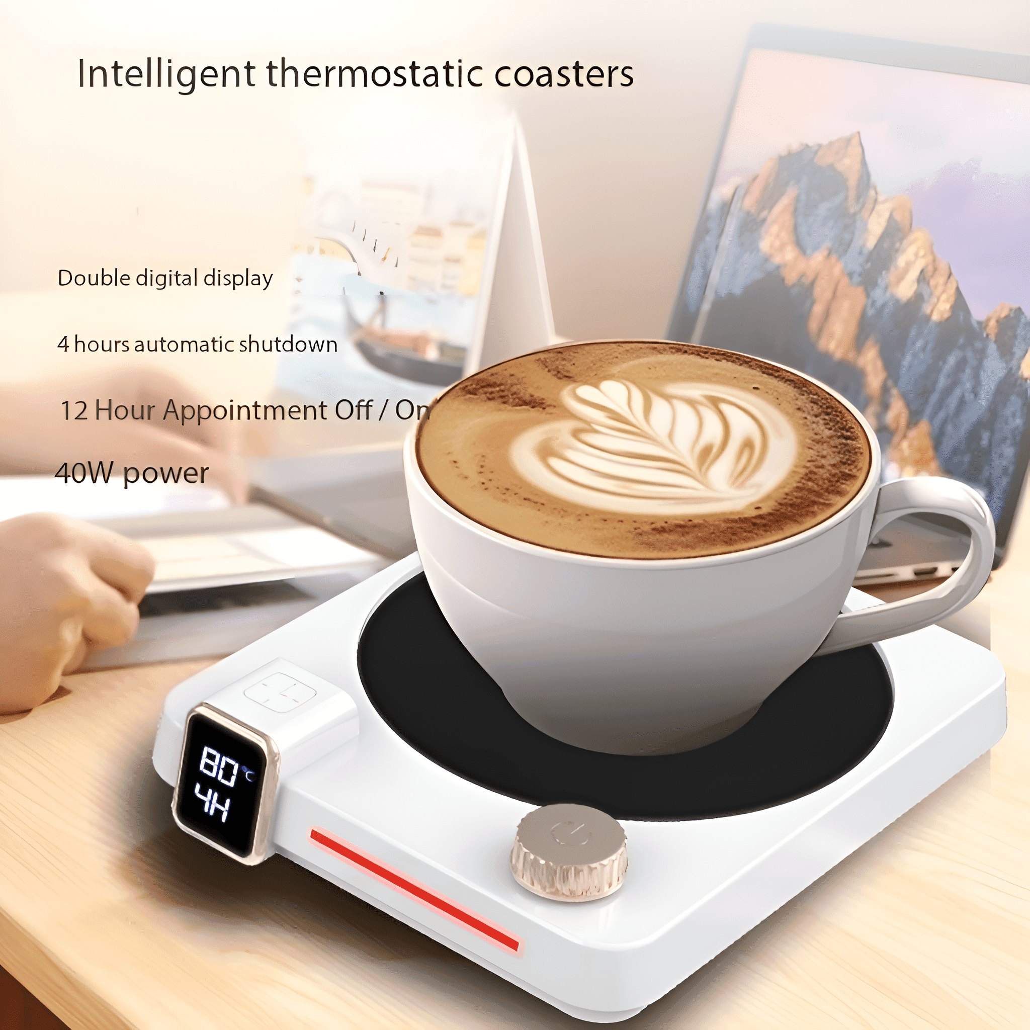 Ein weißer Kaffee-Wärmer mit einer Kaffeetasse mit Latte Art oben. Text oben lautet 'Intelligente Thermostat-Untersetzer'.