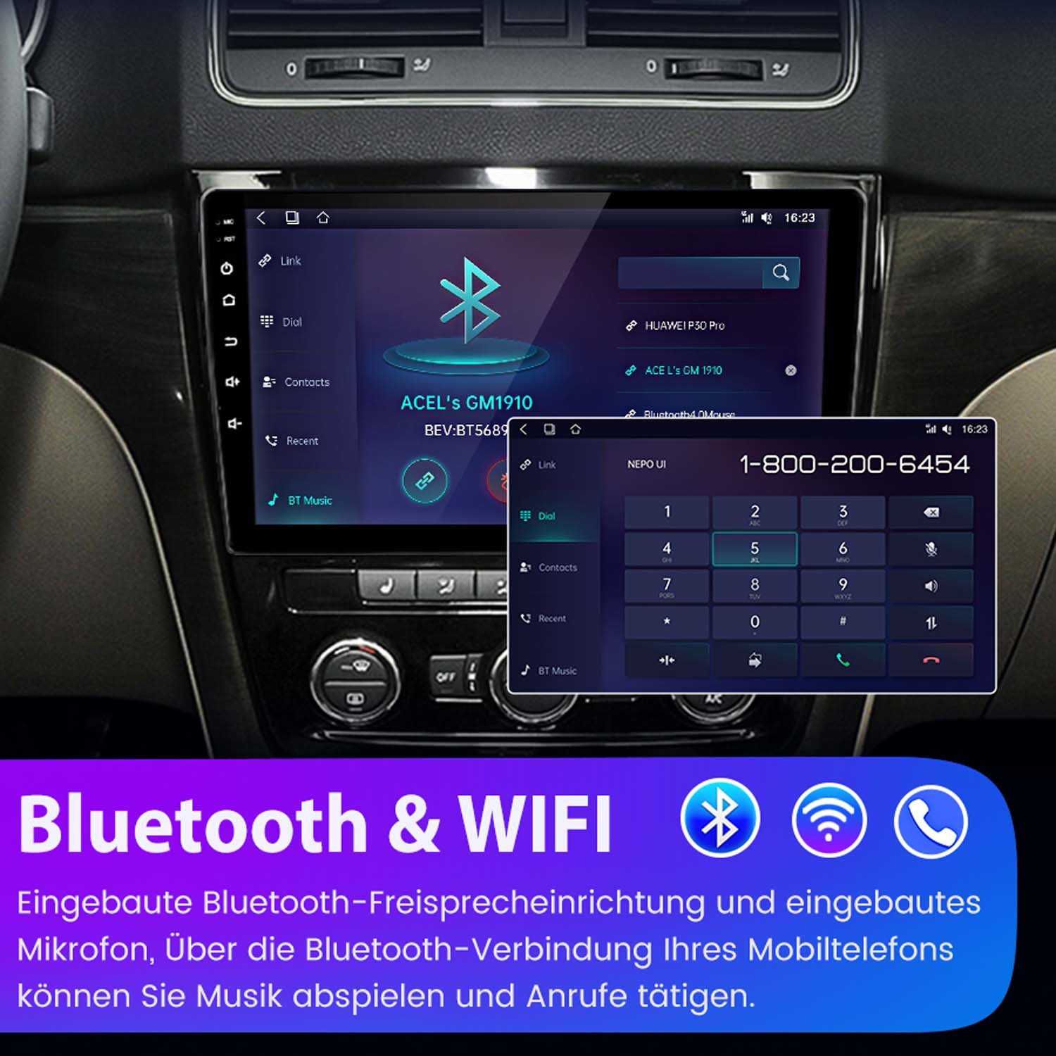 Ekran radia samochodowego wyświetlający interfejs użytkownika z ikonami Bluetooth i WiFi oraz klawiaturą.