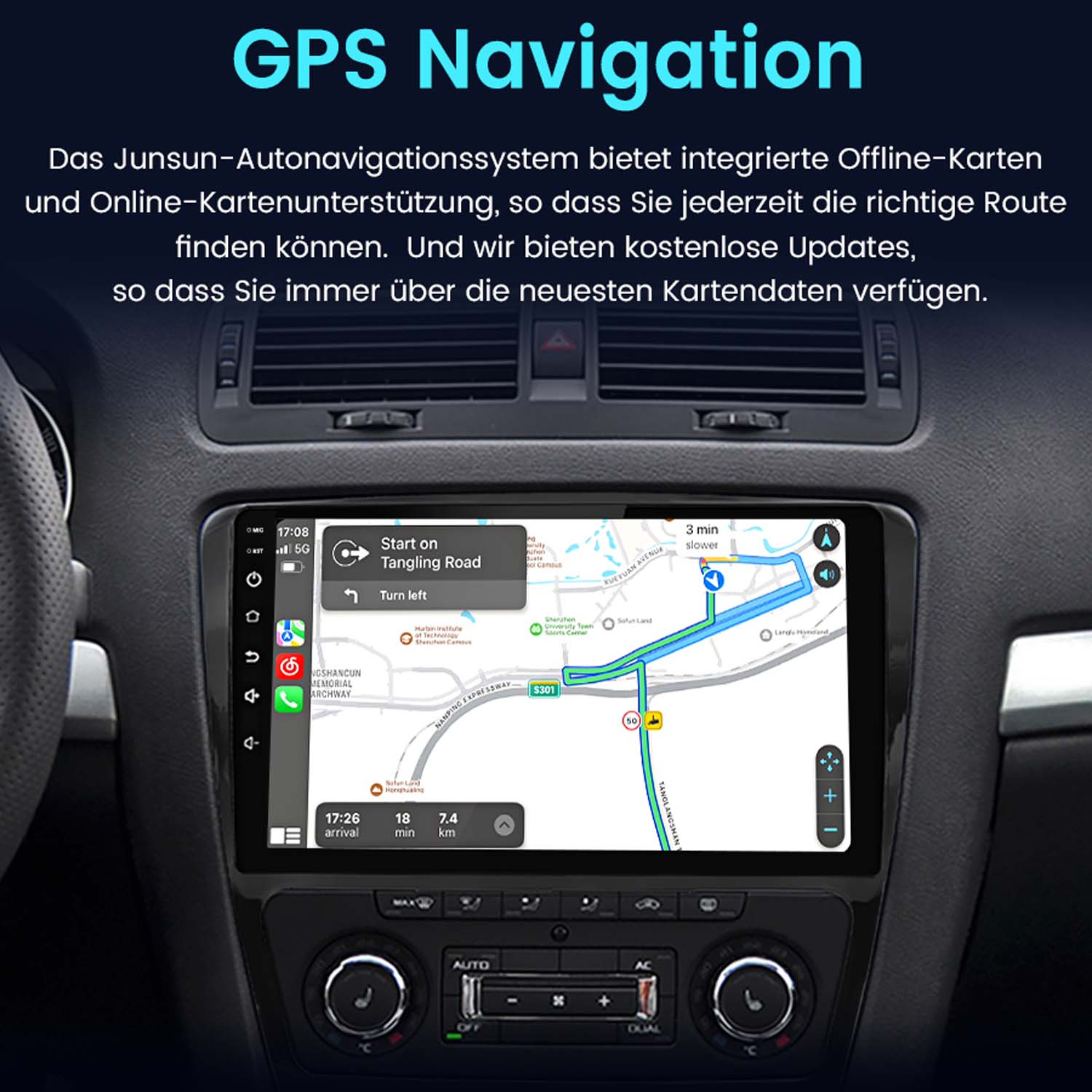 Armaturenbrett eines Autos, das ein GPS-Navigationssystem anzeigt. Der Bildschirm zeigt eine Karte mit einer Route und Navigationsanweisungen.