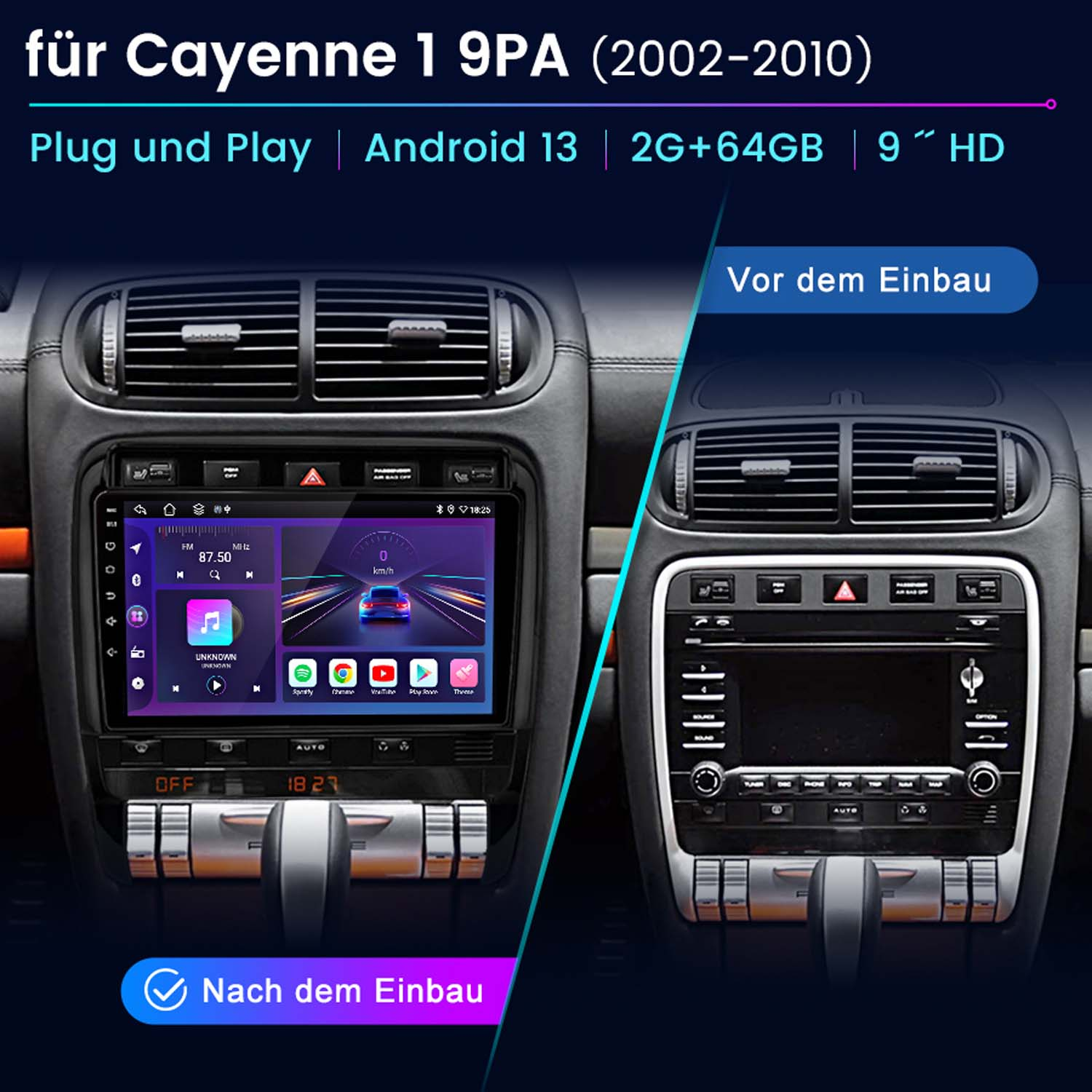 Instalacja radia samochodowego przed i po, z tekstem i etykietami. Nowoczesne radio zastępuje starsze.