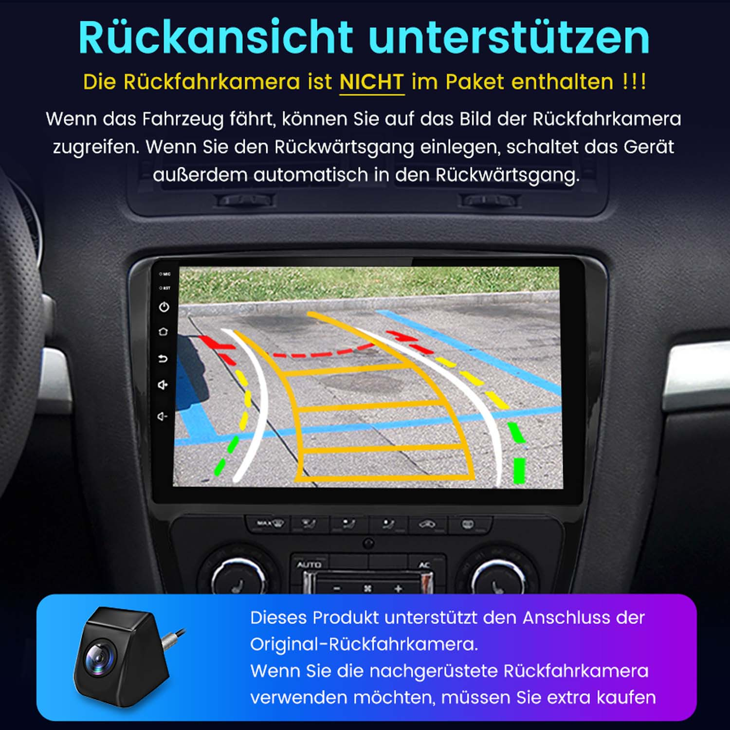 Armaturenbrett mit Bildschirm, der eine Navigationskarte und Rückfahrkameraleitlinien zeigt.