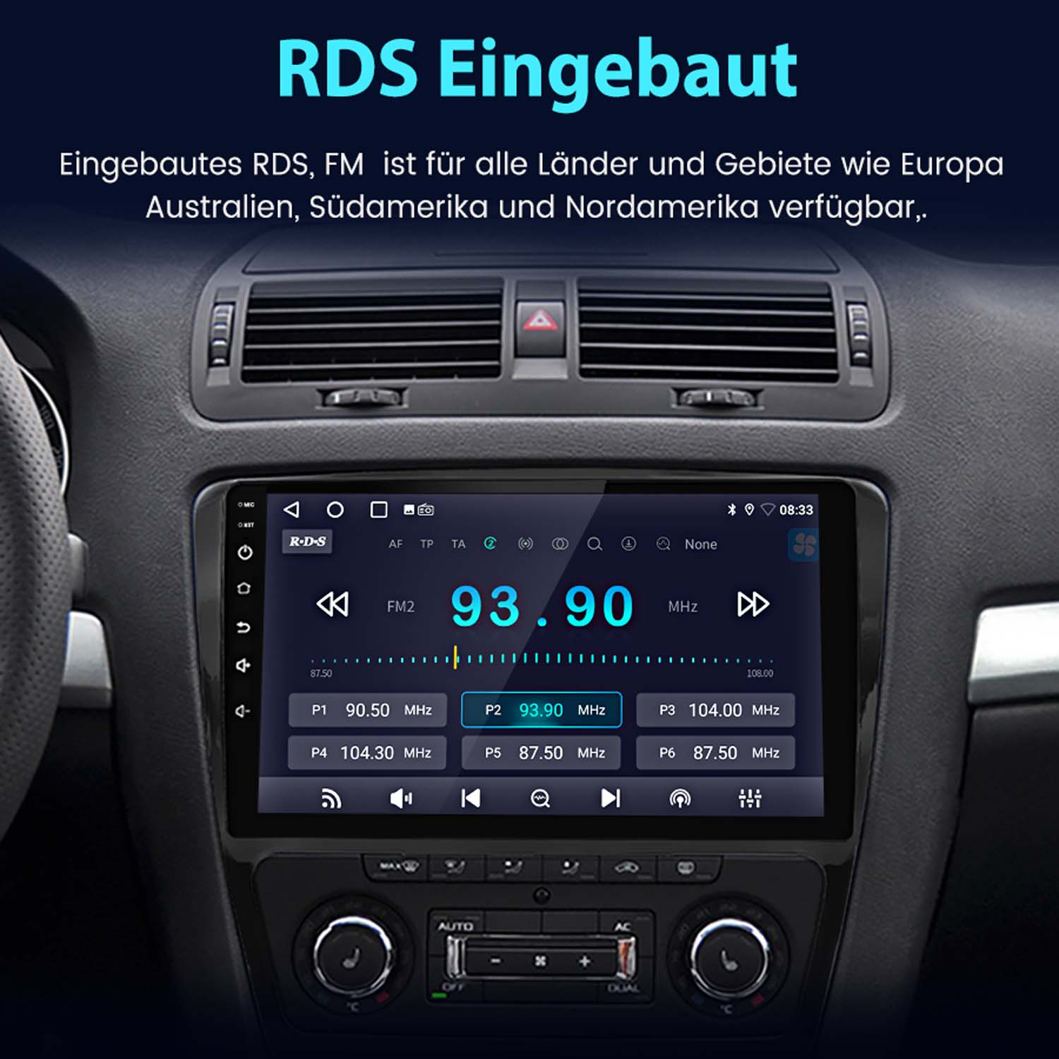 Ein Autoradio-Bildschirm zeigt Radioinformationen an. Knöpfe und Auto-Interieur im Hintergrund.