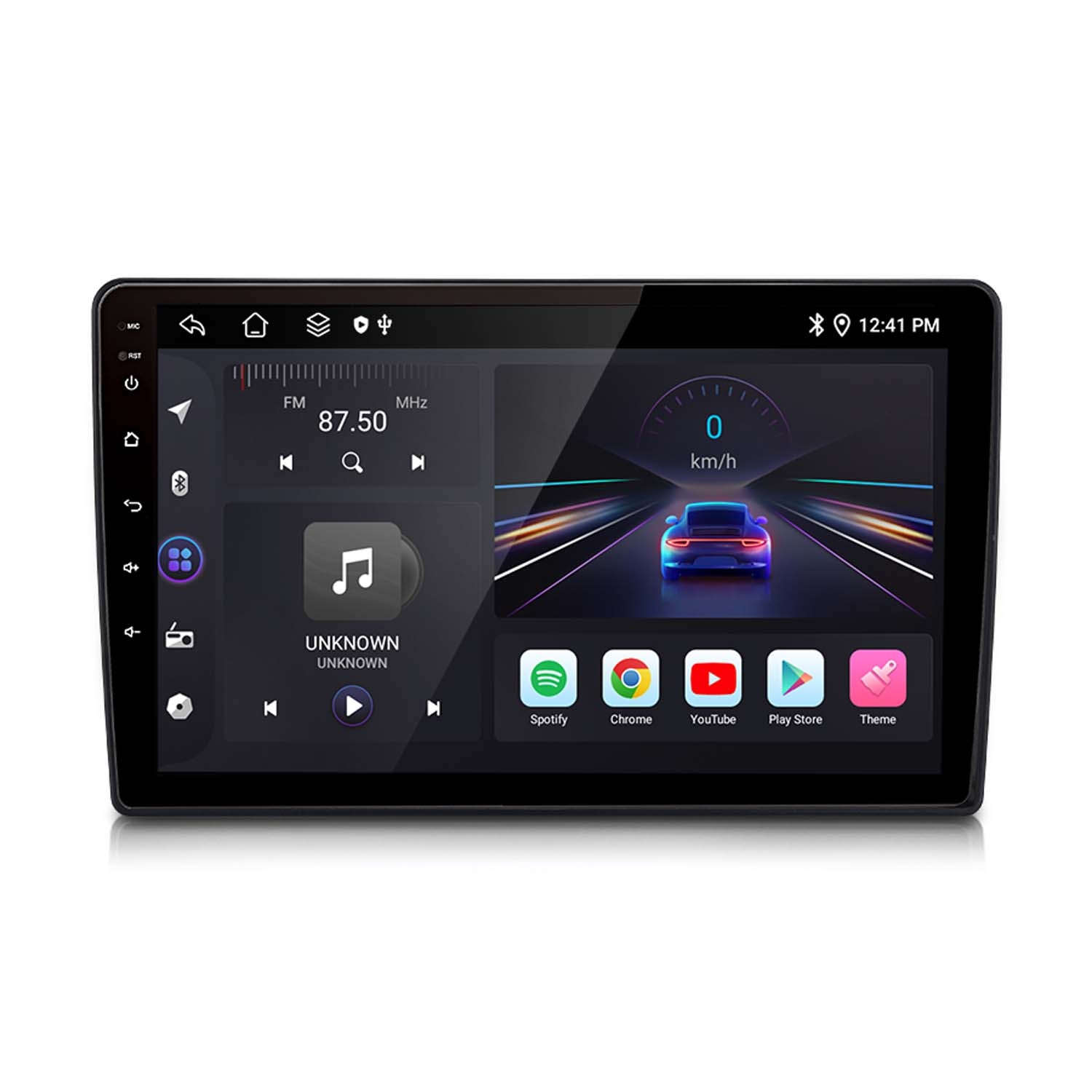 Auto-Multimedia-System mit Navigationsanzeige, Musiksteuerung und App-Symbolen.