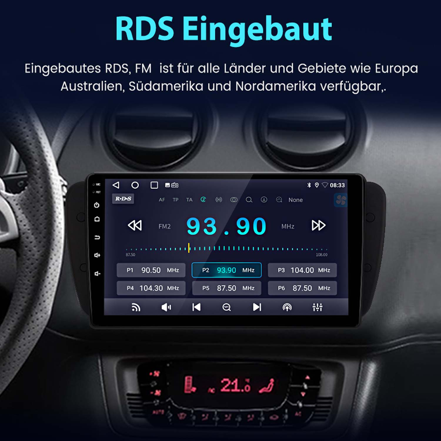 Autoradio-Bildschirm mit Radioeinstellungen, Tasten, Zahlen und einem Bildschirm mit 93,90 MHz.
