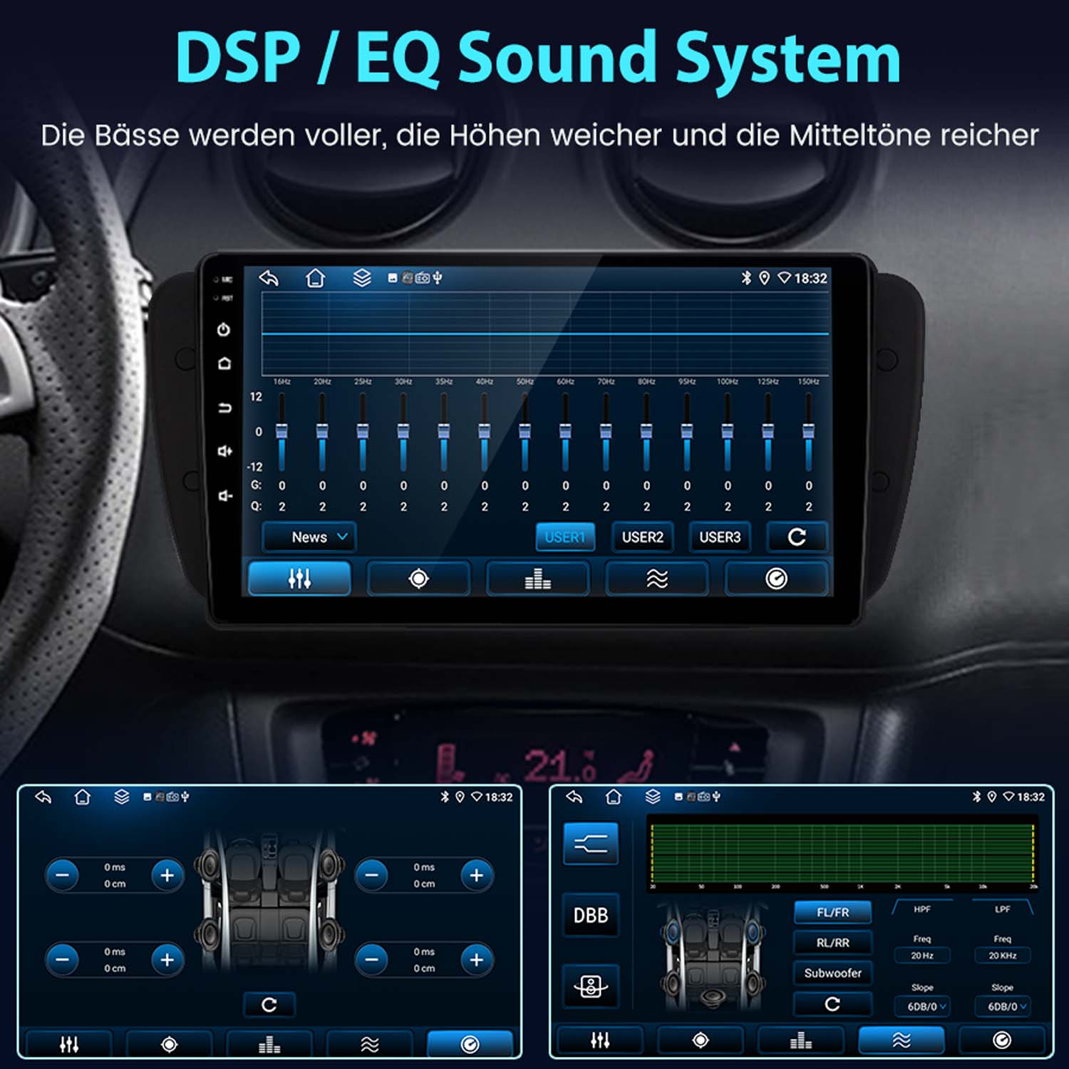 Autoradio-Bildschirm mit EQ-Einstellungen. Es gibt mehrere Knöpfe und Schieberegler. Innenraum eines Autos.