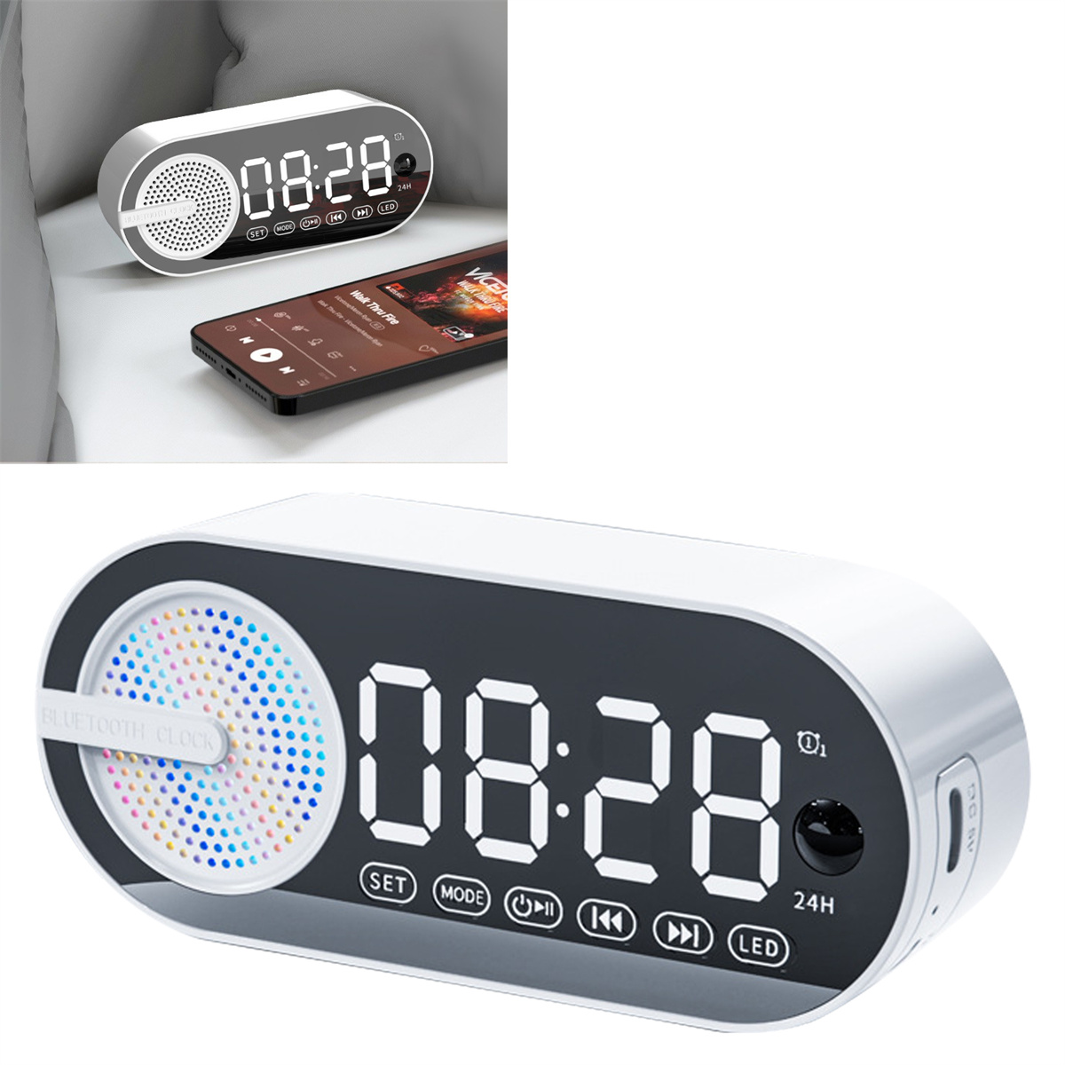 Digitaluhr in ovaler Form, die Zeit anzeigt, und ein Telefon mit Musik.