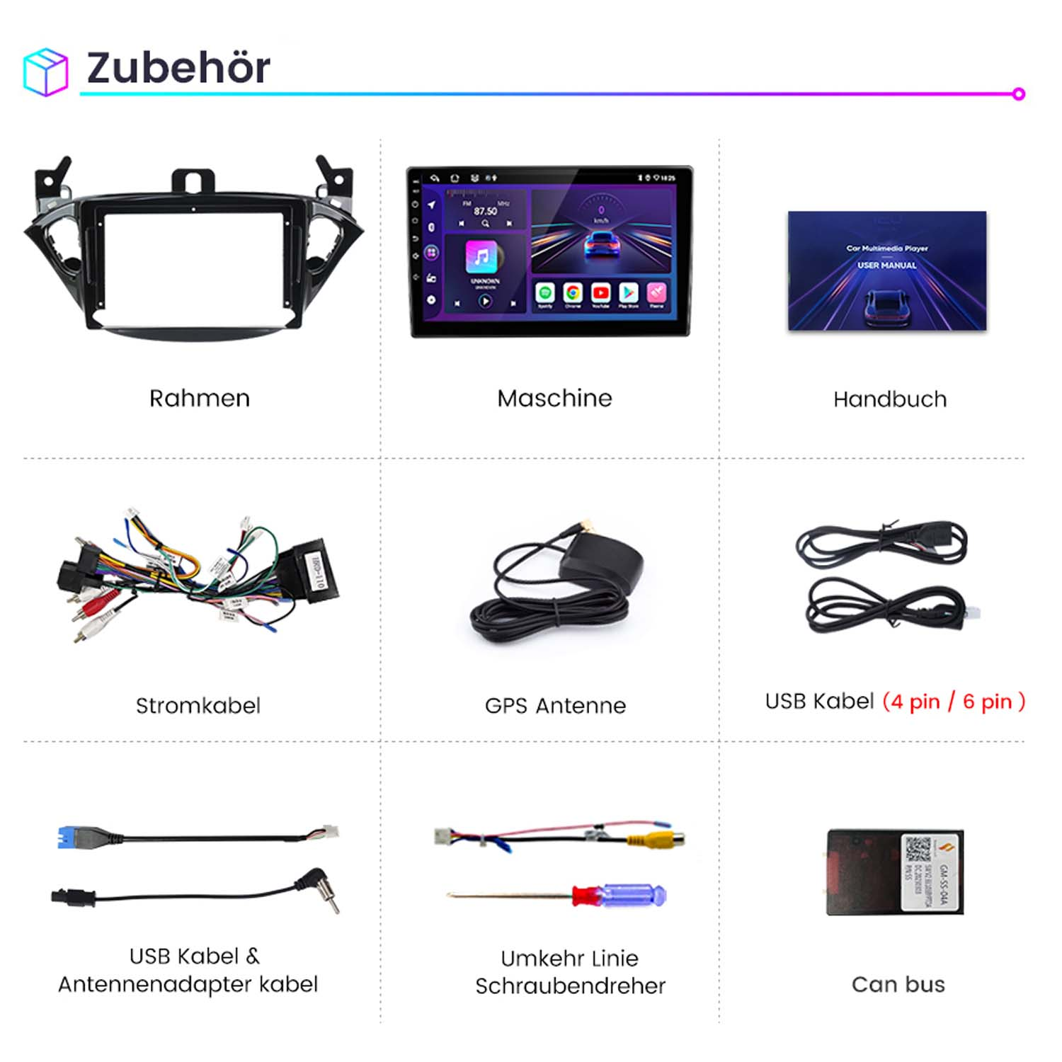Wiele części multimedialnych do samochodu, w tym ramka, urządzenie i kable.