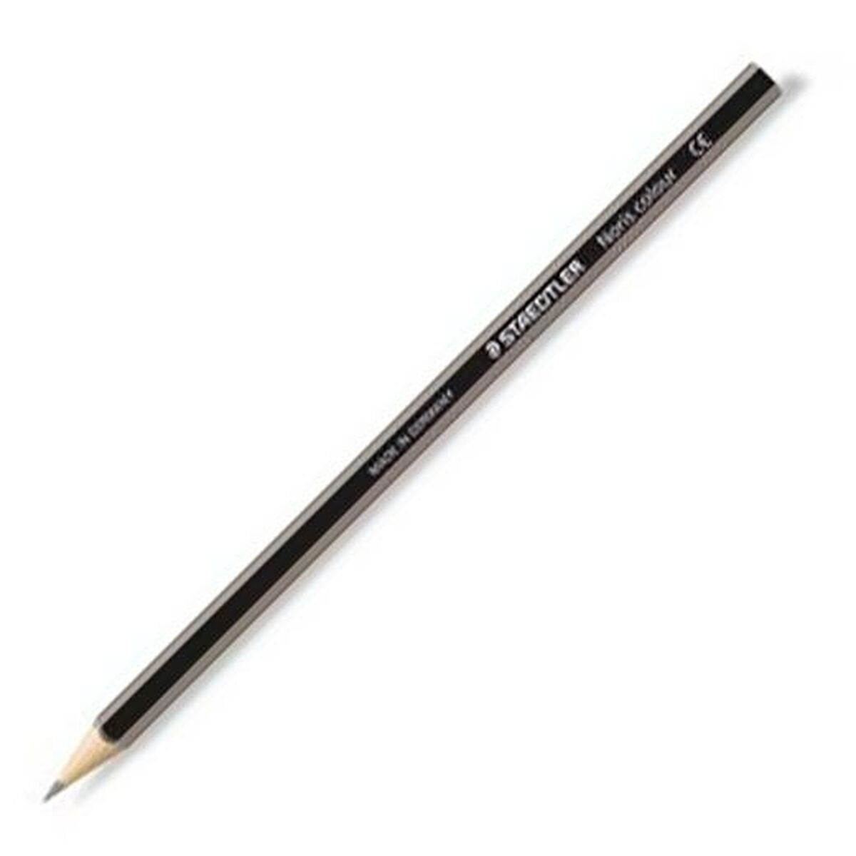 Ein Graphitstift mit schwarzem Band und der Aufschrift 'STAEDTLER Noris Colour CE'.
