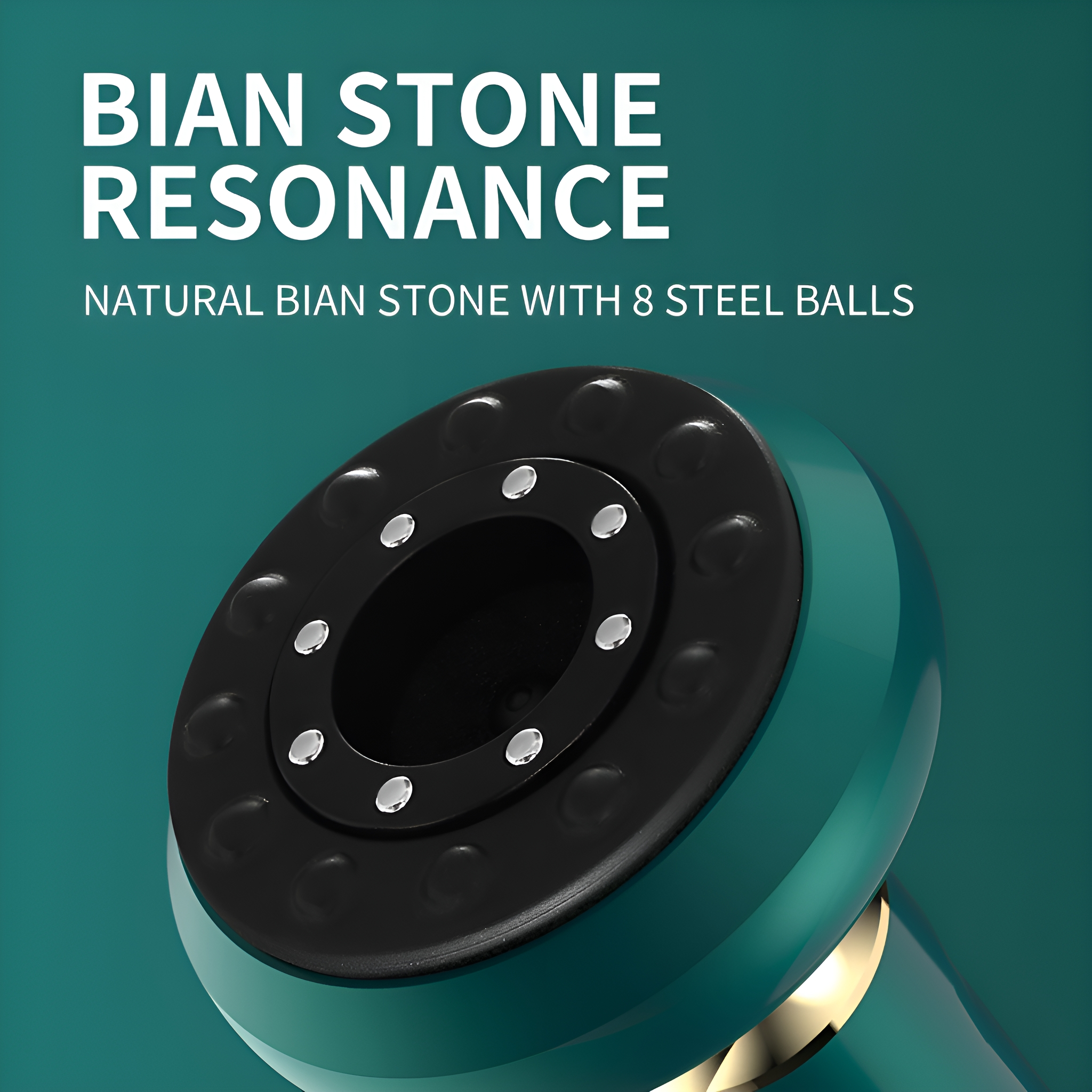 Nahaufnahme eines grünen Massagegeräts mit schwarzen Details und Stahlkugeln. Text: BIAN STONE RESONANCE.