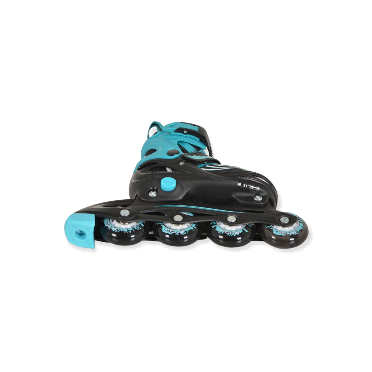 Schwarzer und blauer Inline-Skate auf weißem Hintergrund. Es hat vier Räder.