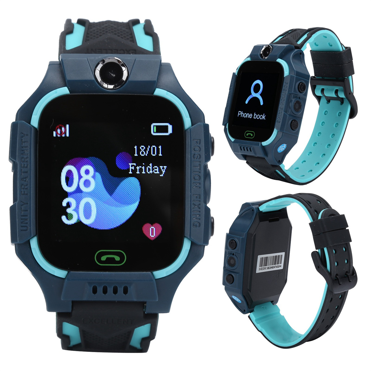 Drei Ansichten einer Smartwatch. Sie hat einen Touchscreen, einen Herzfrequenzmesser und ein blau-schwarzes Armband.