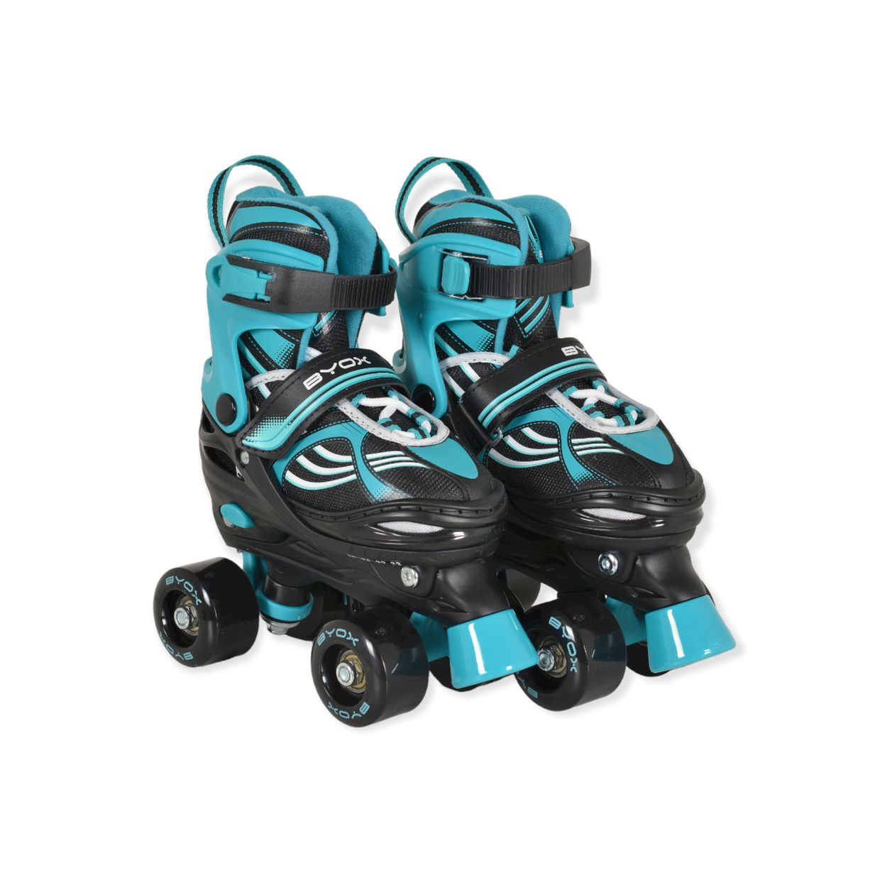 Ein Paar türkis-schwarze Rollschuhe. Sie befinden sich auf weißem Hintergrund.