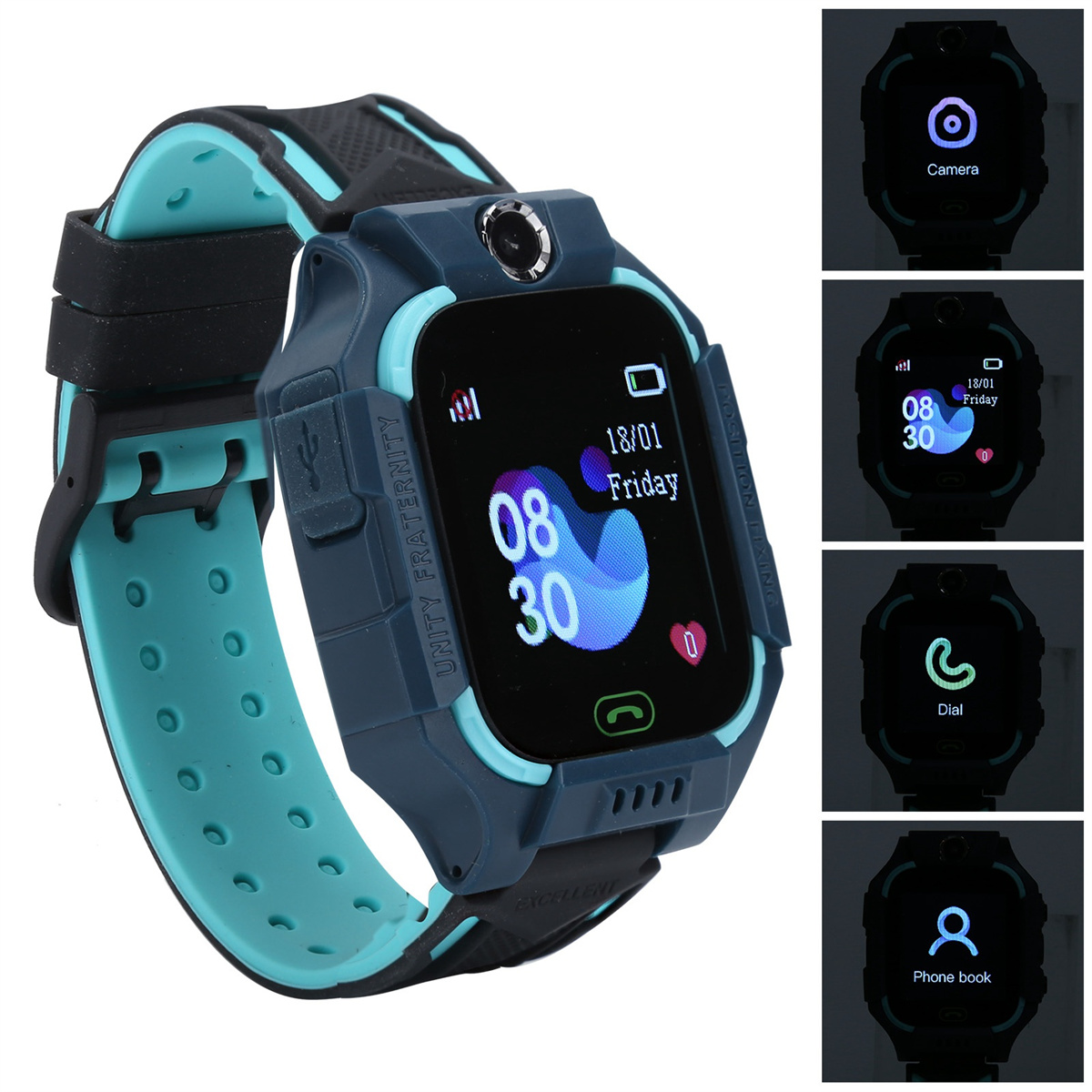 Eine blau-schwarze Smartwatch zeigt die Uhrzeit an und verfügt über verschiedene Funktionsschnittstellen.