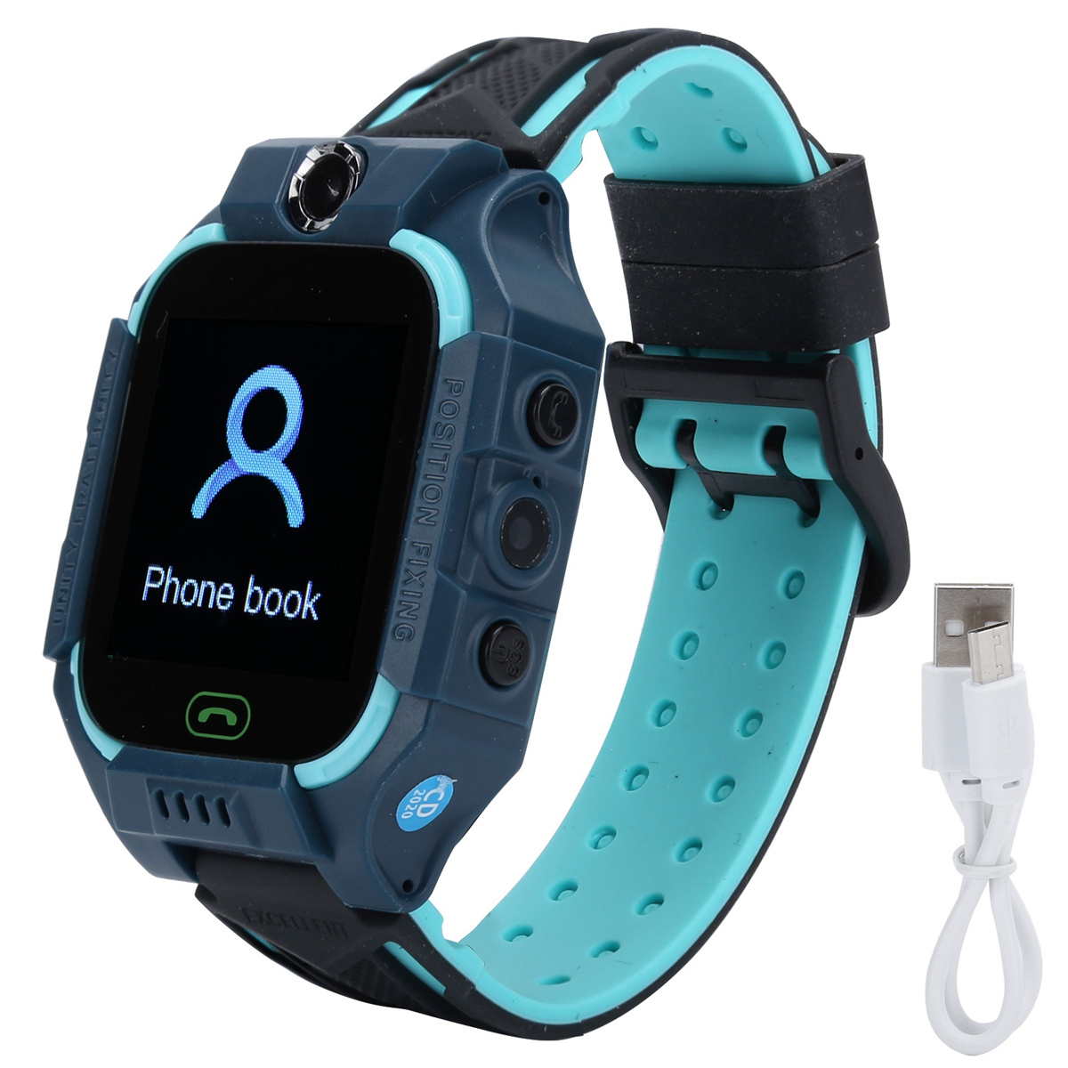 Smartwatch mit blauem Armband, Telefonbuchsymbol und Ladekabel.