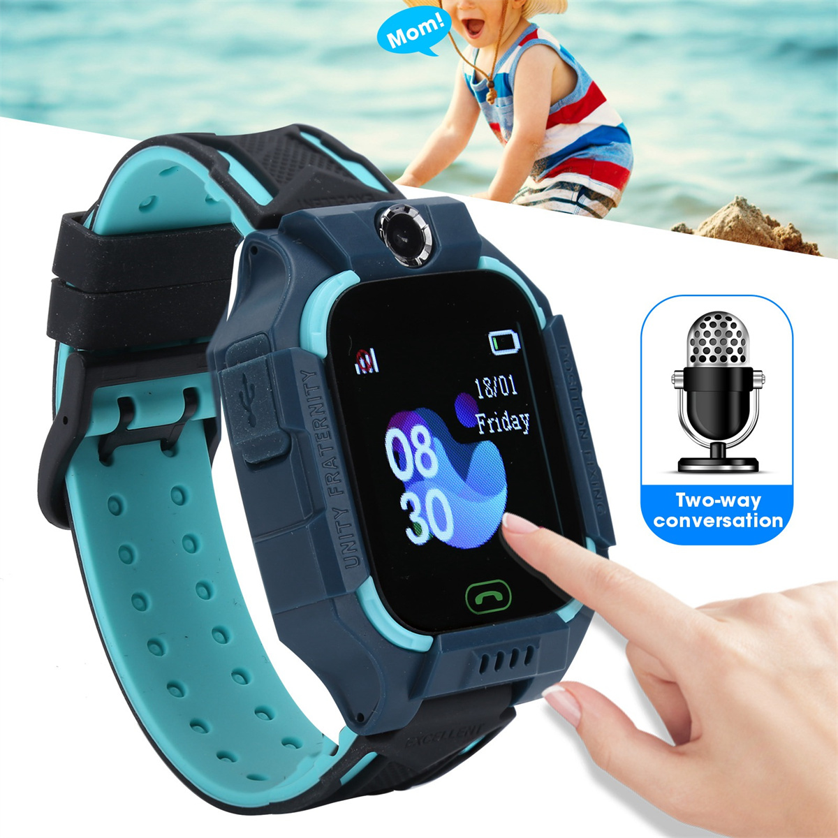 Ein Kind benutzt eine Smartwatch mit Touchscreen. Auf der Uhr ist ein Mikrofonsymbol.