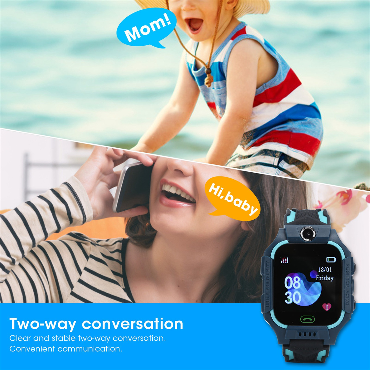 Ein Kind und eine Frau nutzen Telefon und Smartwatch zur Kommunikation. Text erklärt Zwei-Wege-Gespräch.