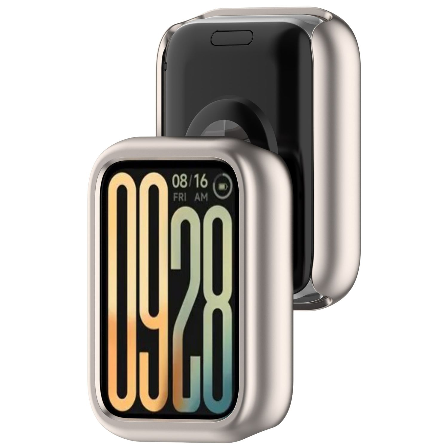 Smartwatch argento con display colorato che mostra ora e data. Cassa argento.