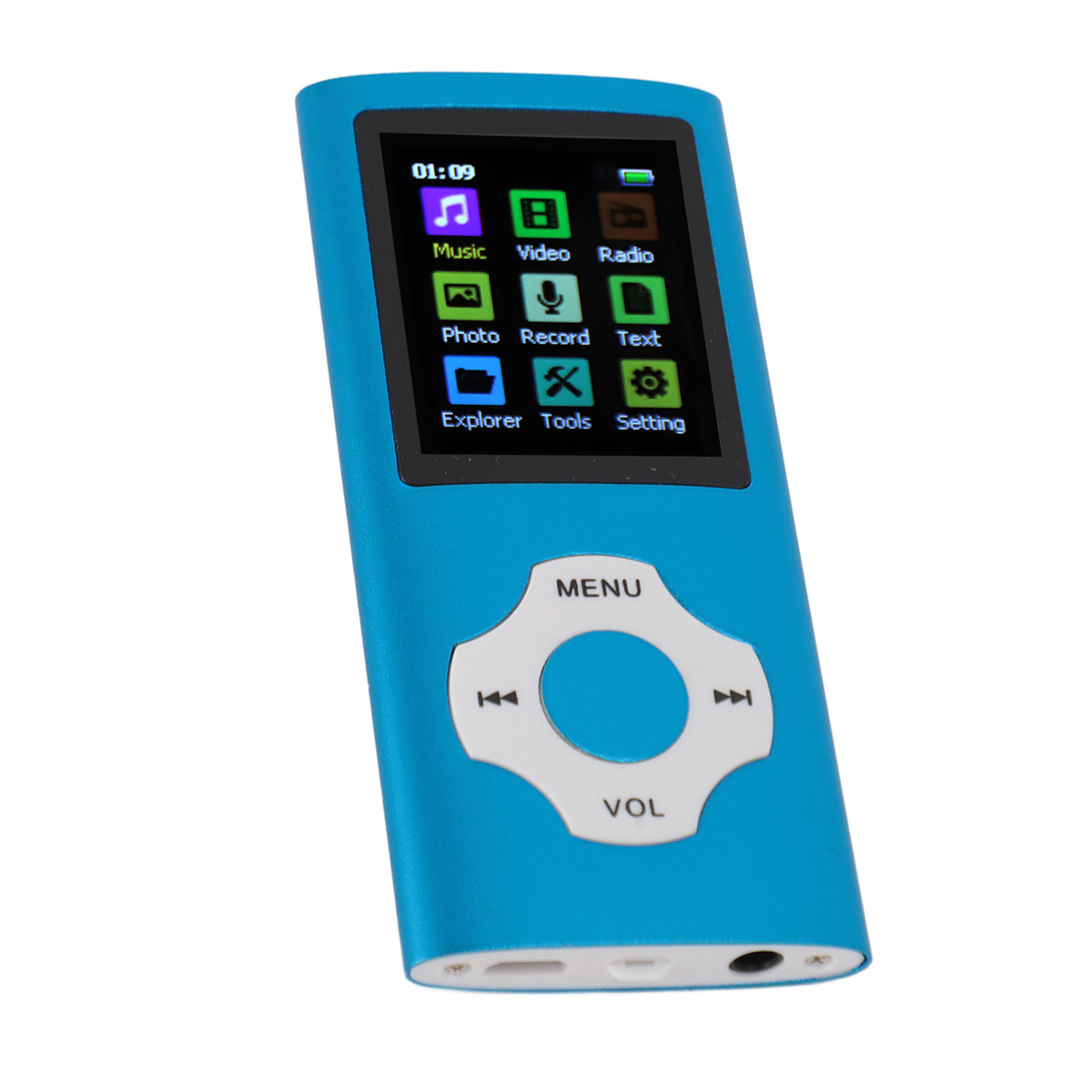 Ein blauer MP3-Player mit einem Bildschirm, der Symbole für Musik, Video und Radio zeigt, auf weißem Hintergrund.