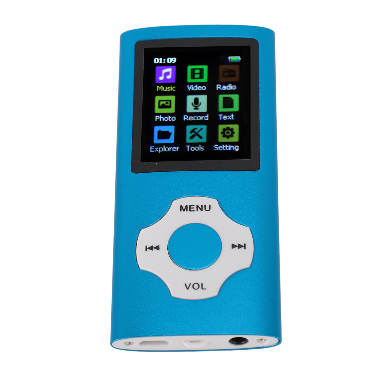 Blauer MP3-Player mit einem Bildschirm, der Symbole anzeigt. Es hat Tasten für Menü, Lautstärke und Navigation.