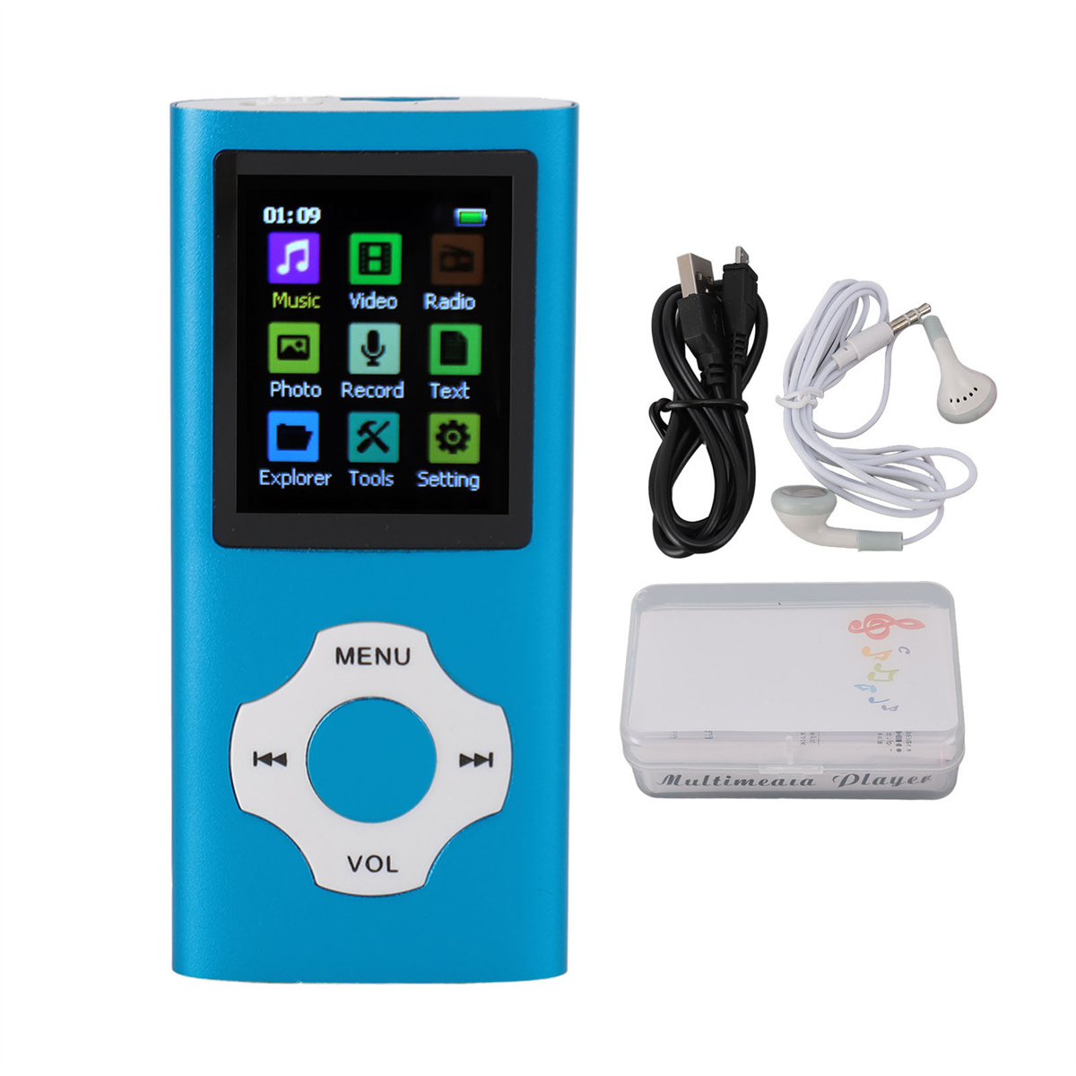 Blauer MP3-Player. Er hat einen Bildschirm mit Symbolen für Musik und Videos. Inklusive Kopfhörer und Ladegerät.