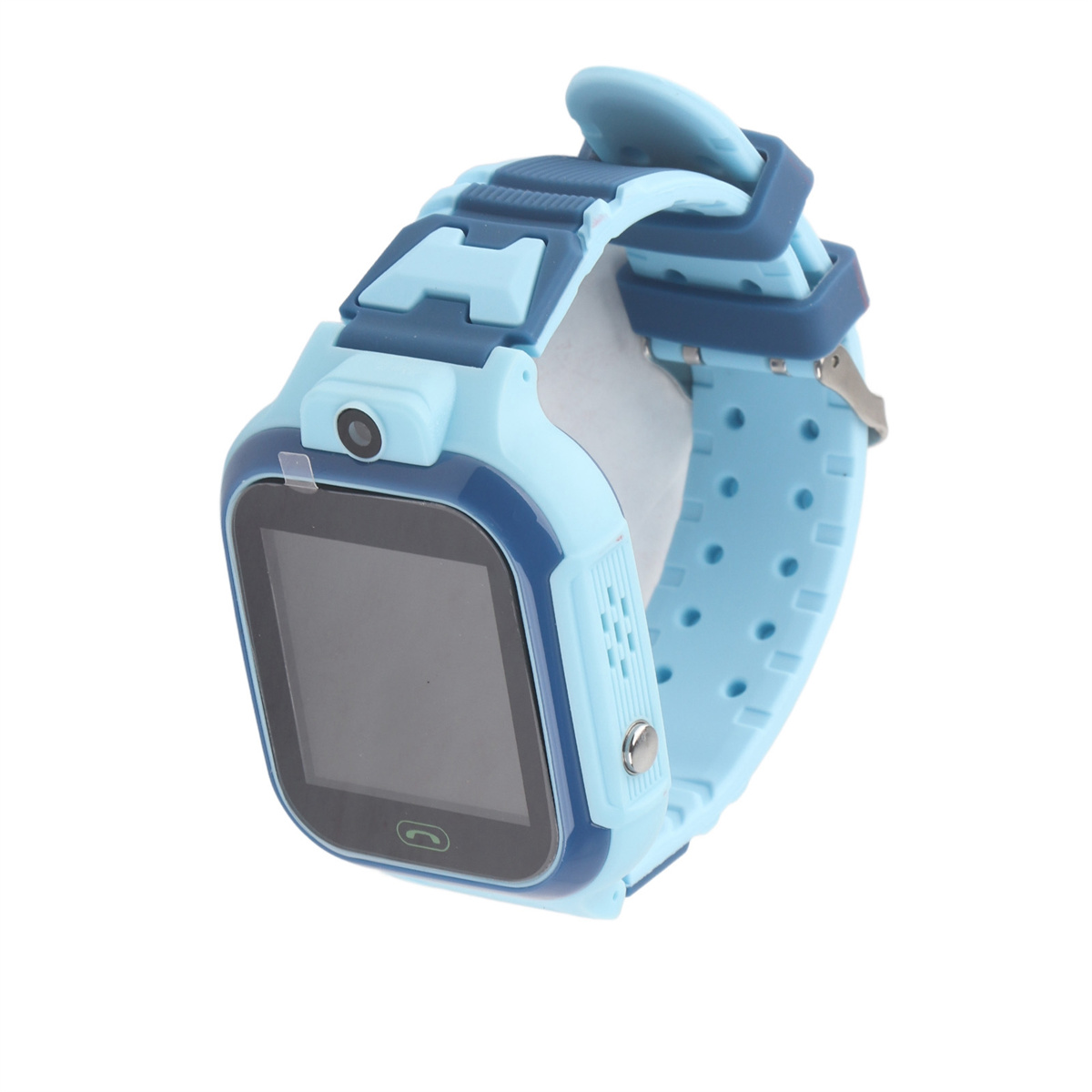 Blaue Smartwatch mit blauem Armband. Die Uhr hat einen Bildschirm und eine Taste.