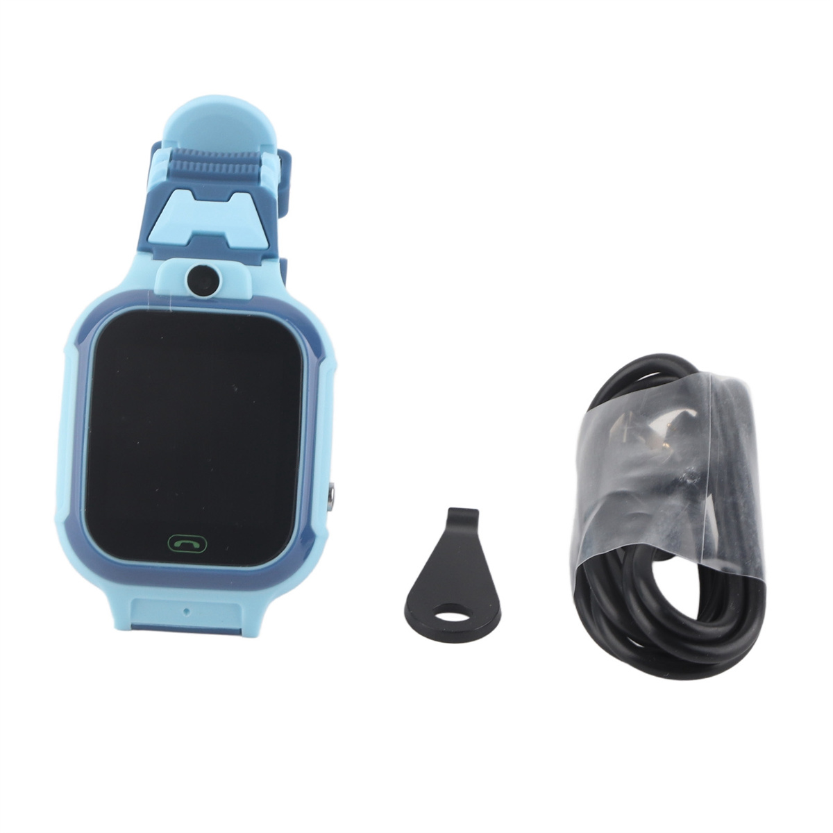 Hellblaue Smartwatch mit schwarzem Bildschirm, Ladekabel und kleinem schwarzen Werkzeug.