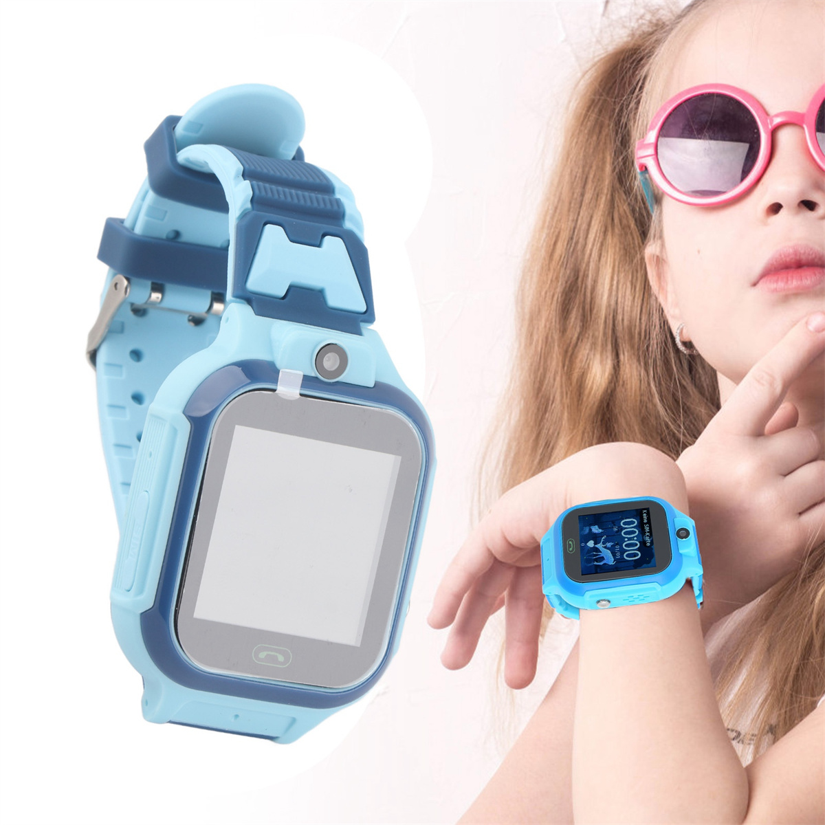 Ein Mädchen mit einer blauen Smartwatch. Die Uhr ist an ihrem Handgelenk. Weißer Hintergrund.