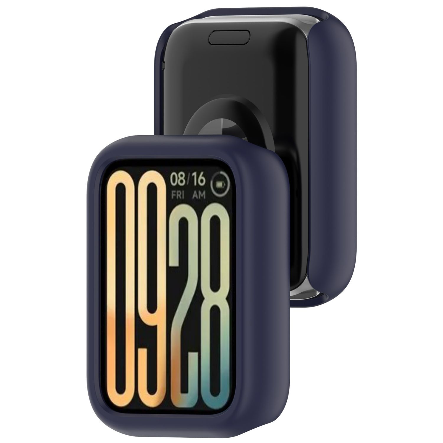 Custodia per smartwatch, blu scuro, vista anteriore e posteriore.