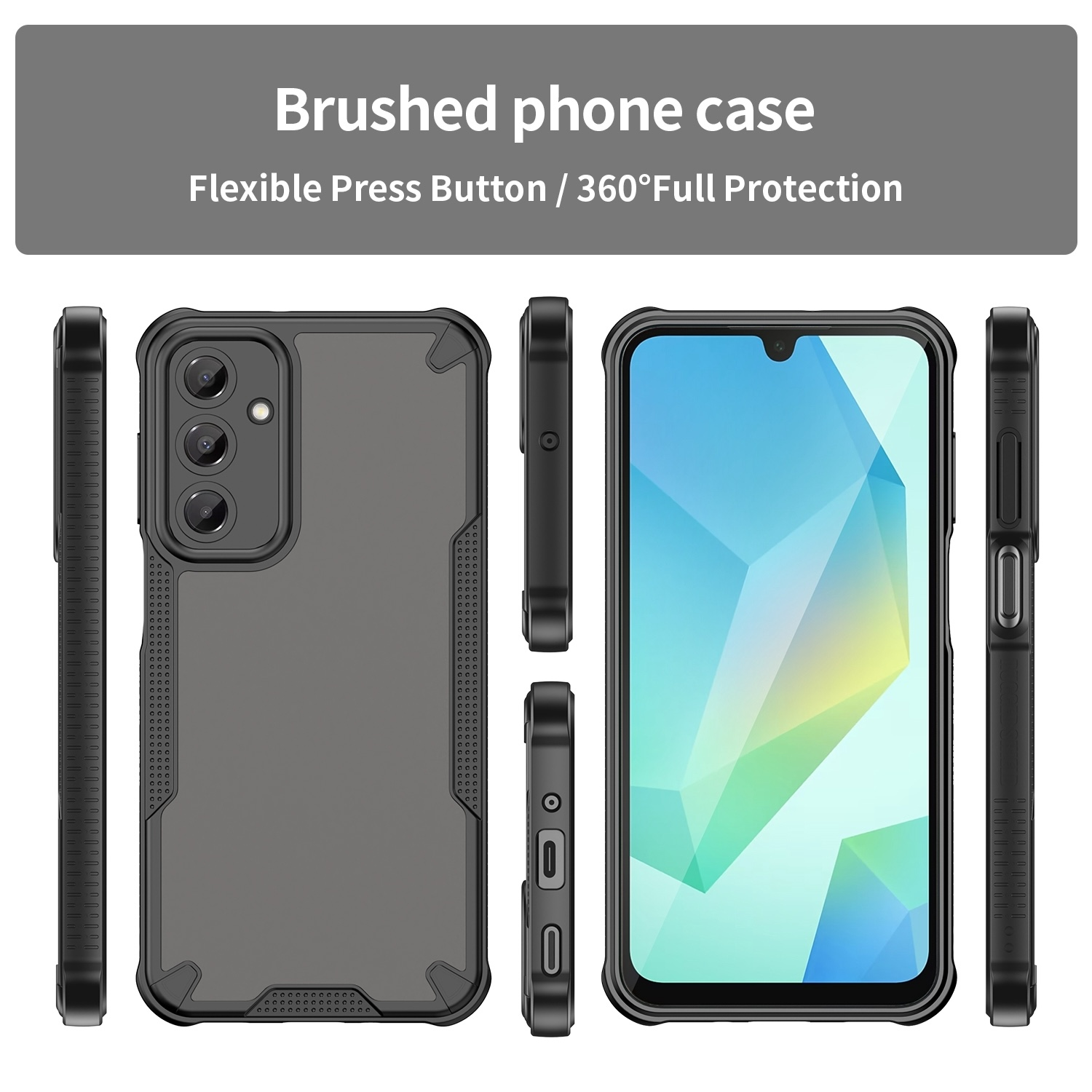 Schwarze Handyhülle mit grauem Gehäuse und Telefon im Inneren. Zeigt die Seiten der Hülle.