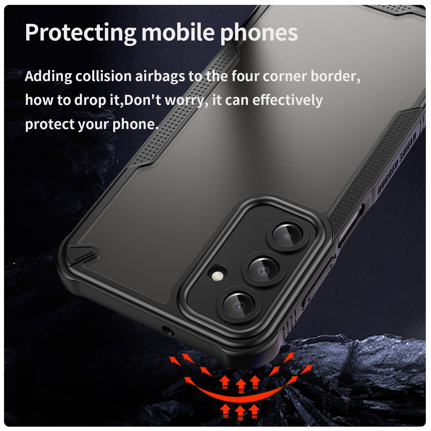 Nahaufnahme einer Handyhülle mit Telefon, Text über den Schutz.