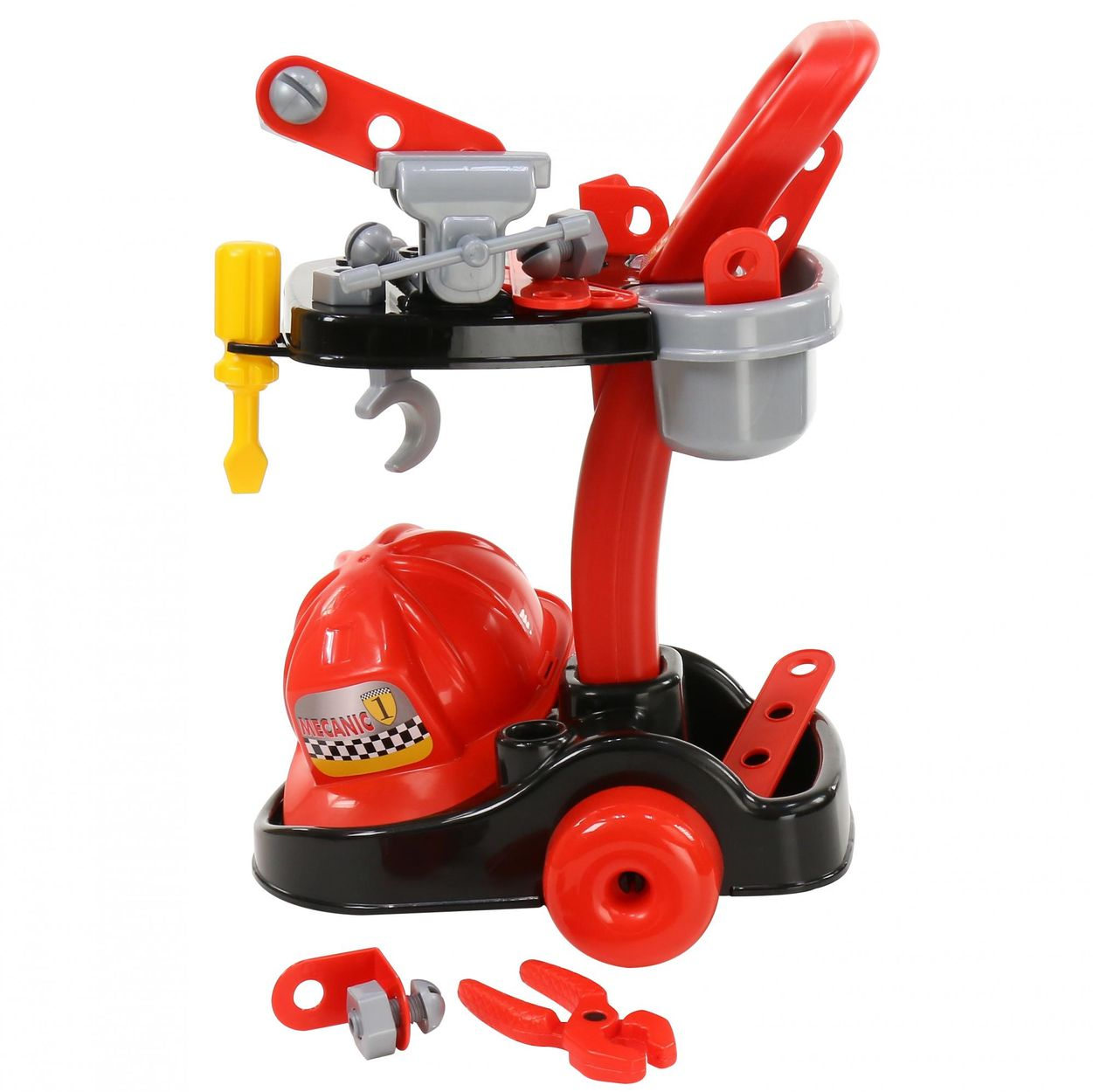 Spielzeug-Werkzeugwagen mit Werkzeugen. Enthält roten Helm und Werkzeuge.