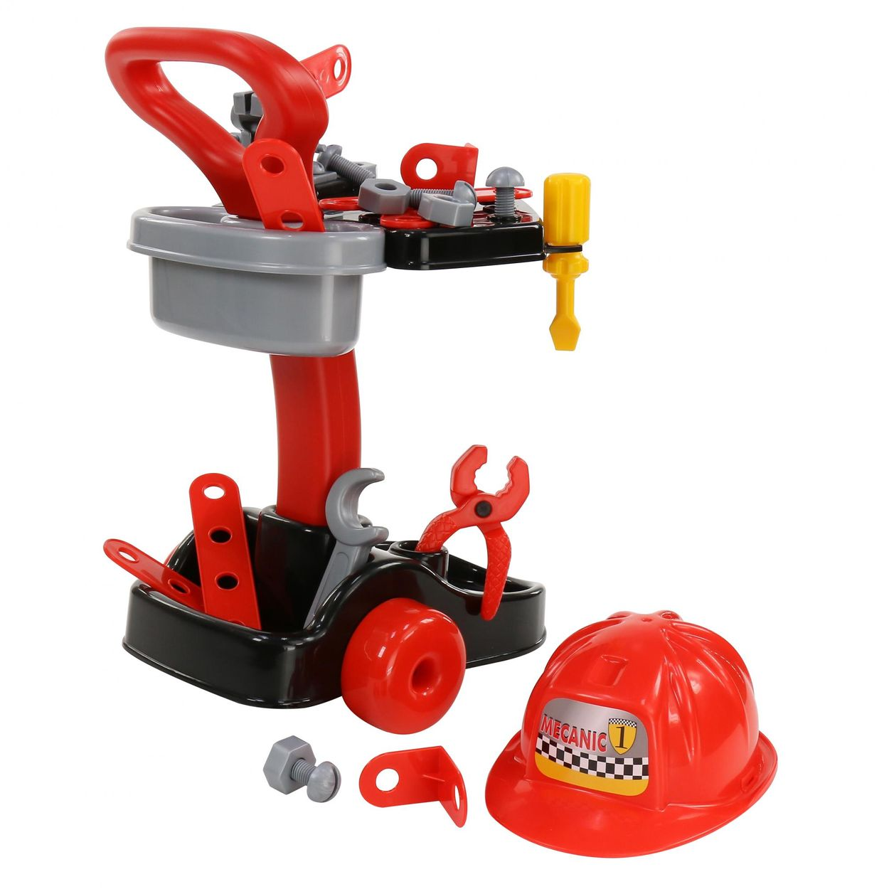 Spielzeug-Mechanikerwagen mit Werkzeug. Rot und grau. Enthält Schraubenschlüssel, Schraubendreher, Zangen und einen roten Hut.